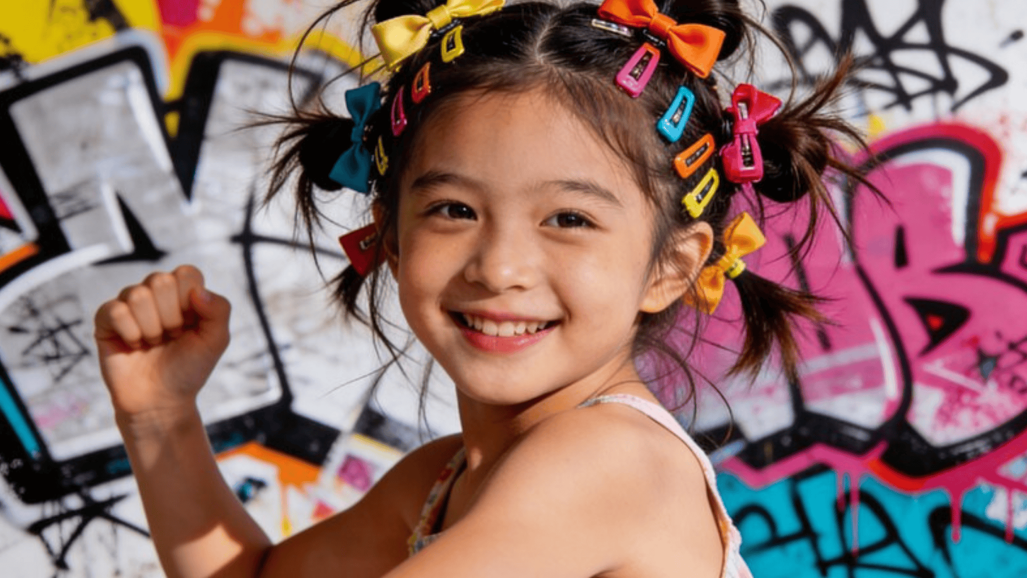 smiling girl with vibrant, multi-colored hair clips and bows in her hair, posing in front of a colorful graffiti wall