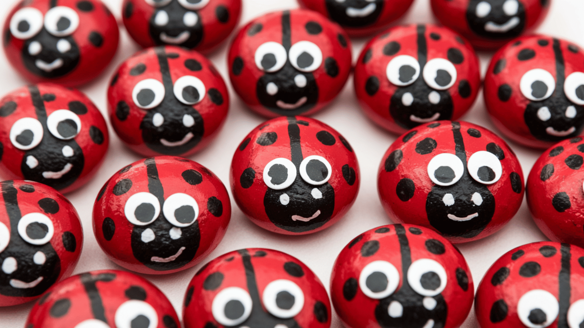 smooth rocks painted red with black dots, black line, googly eyes resembling ladybugs