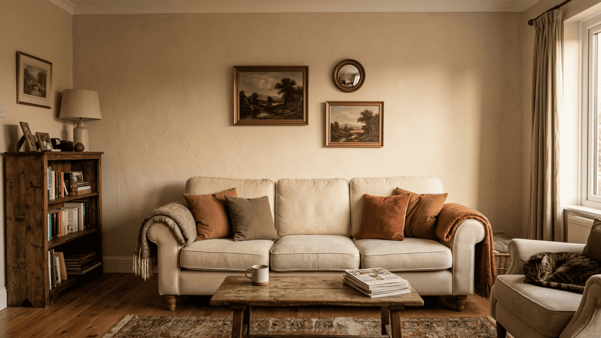 sofa positioned against wall for stability and support in Feng Shui