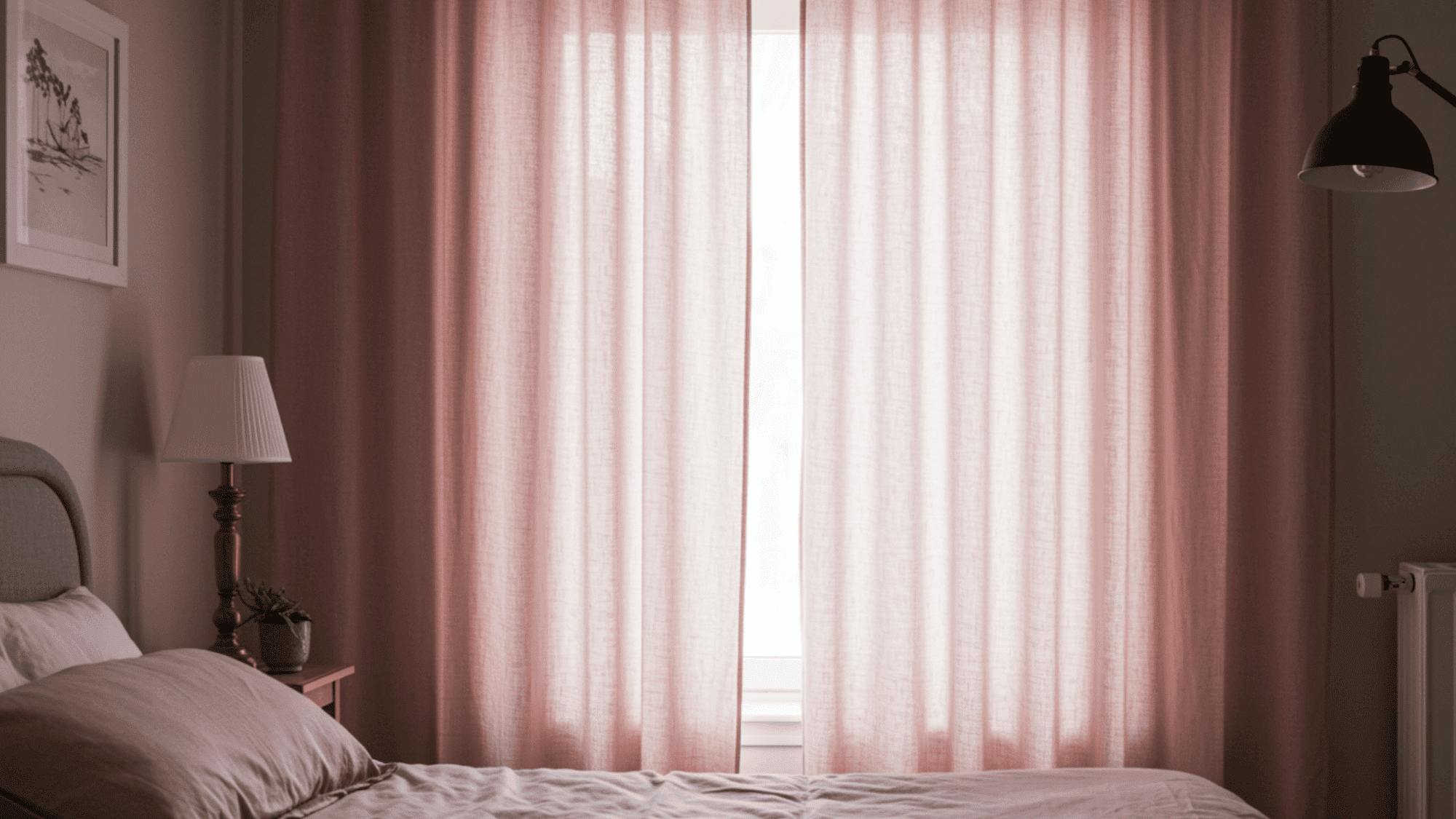 soft pink cosy linen curatins in a pink colour themed bedroom with a cosy room setting