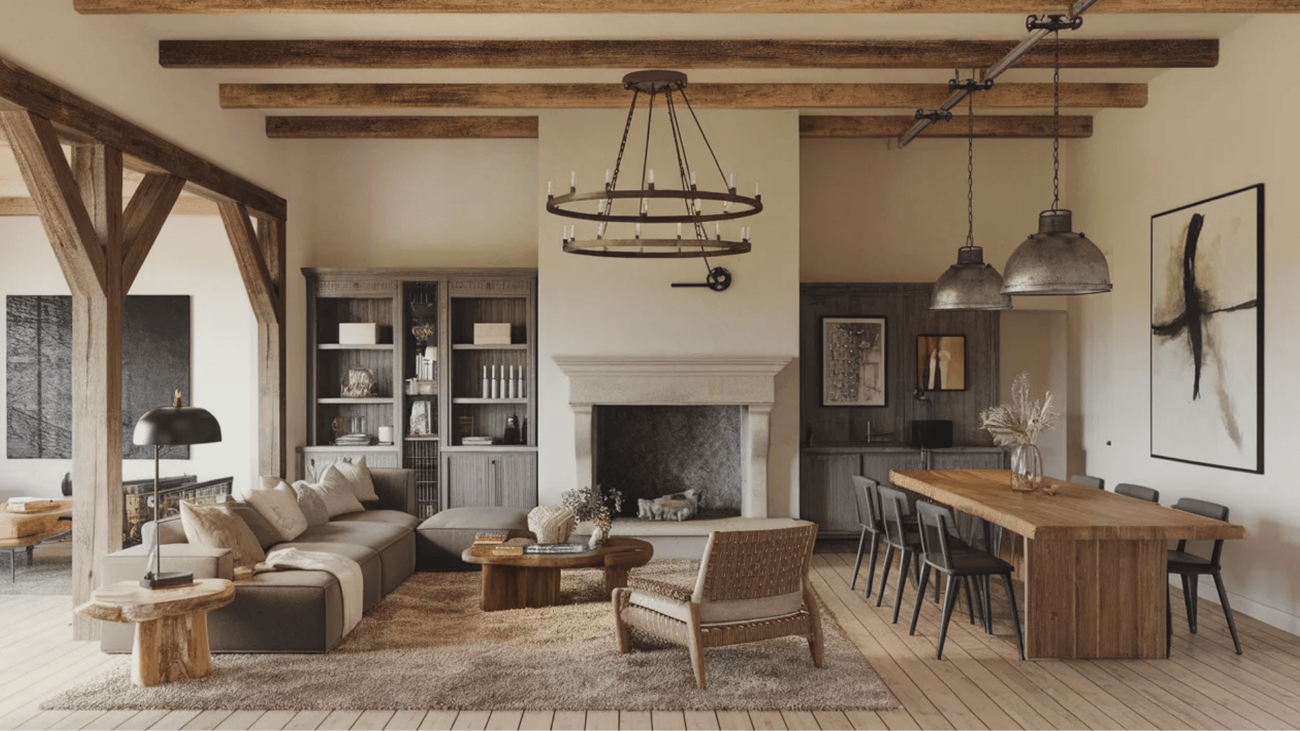 spacious living and dining area featuring exposed wood beams, modern furniture, a cozy fireplace, and industrial lighting