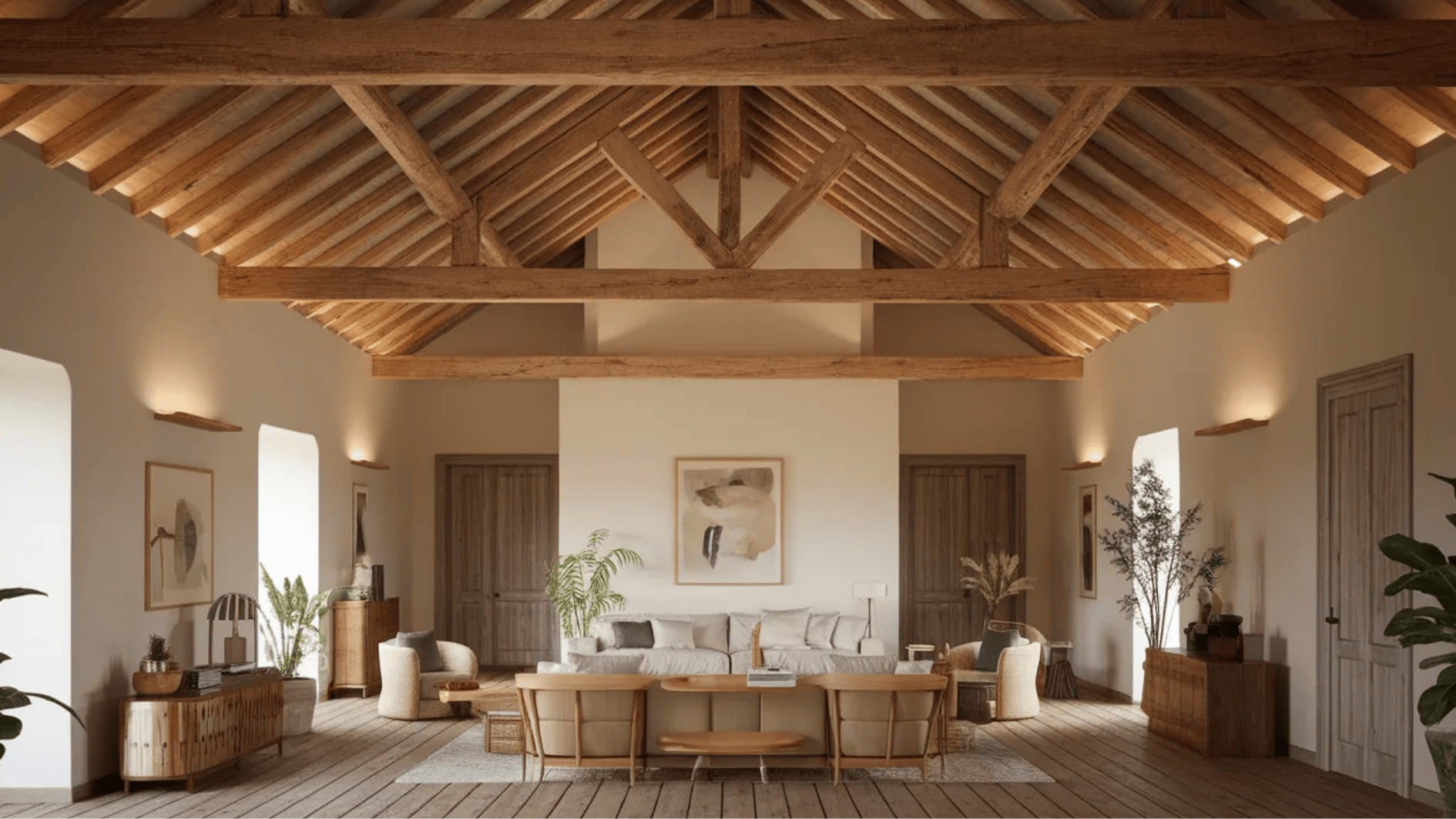 spacious living room with exposed wooden beams, cozy furniture, and minimalist decor, creating a warm and inviting atmosphere