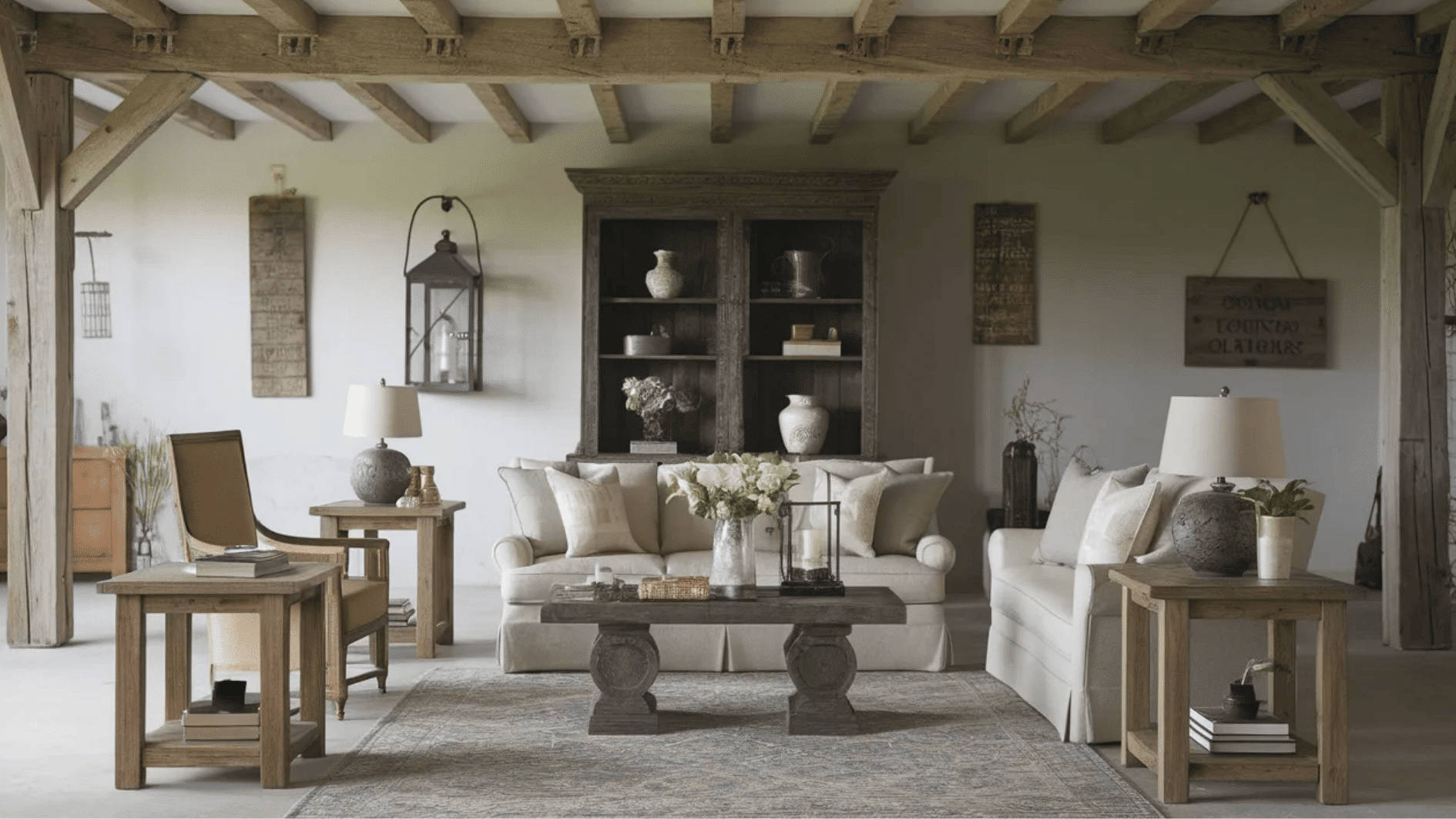 spacious living room with rustic wooden beams, neutral furniture, and decorative shelving for a cozy, vintage-inspired feel
