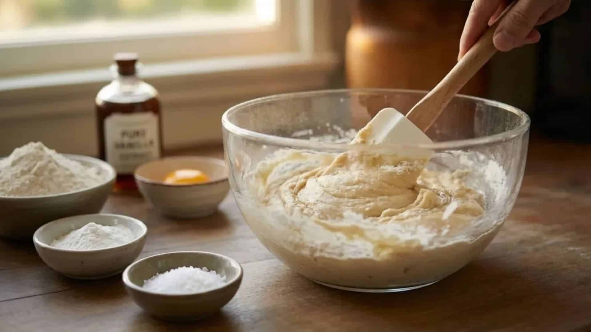 spatula mixing flour into soft cookie dough in a glass bowl on a wooden kitchen counter, with vanilla extract, egg, and baking ingredients nearby