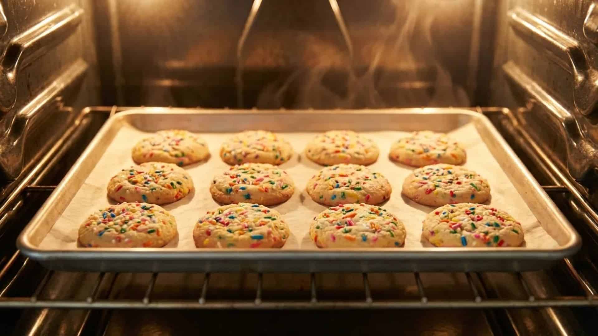 sprinkle sugar cookies baking on a parchment-lined tray inside a warm oven, with colorful sprinkles and lightly golden edges