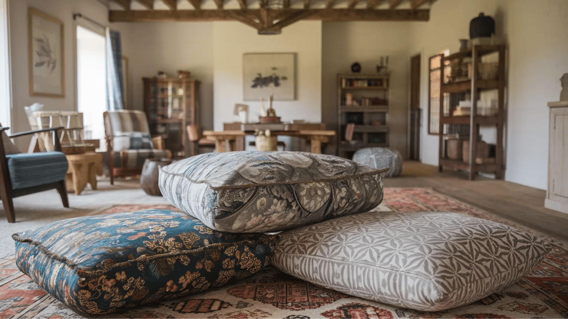 stacked decorative floor cushions with intricate patterns, placed on a cozy rug in a stylish living room setting