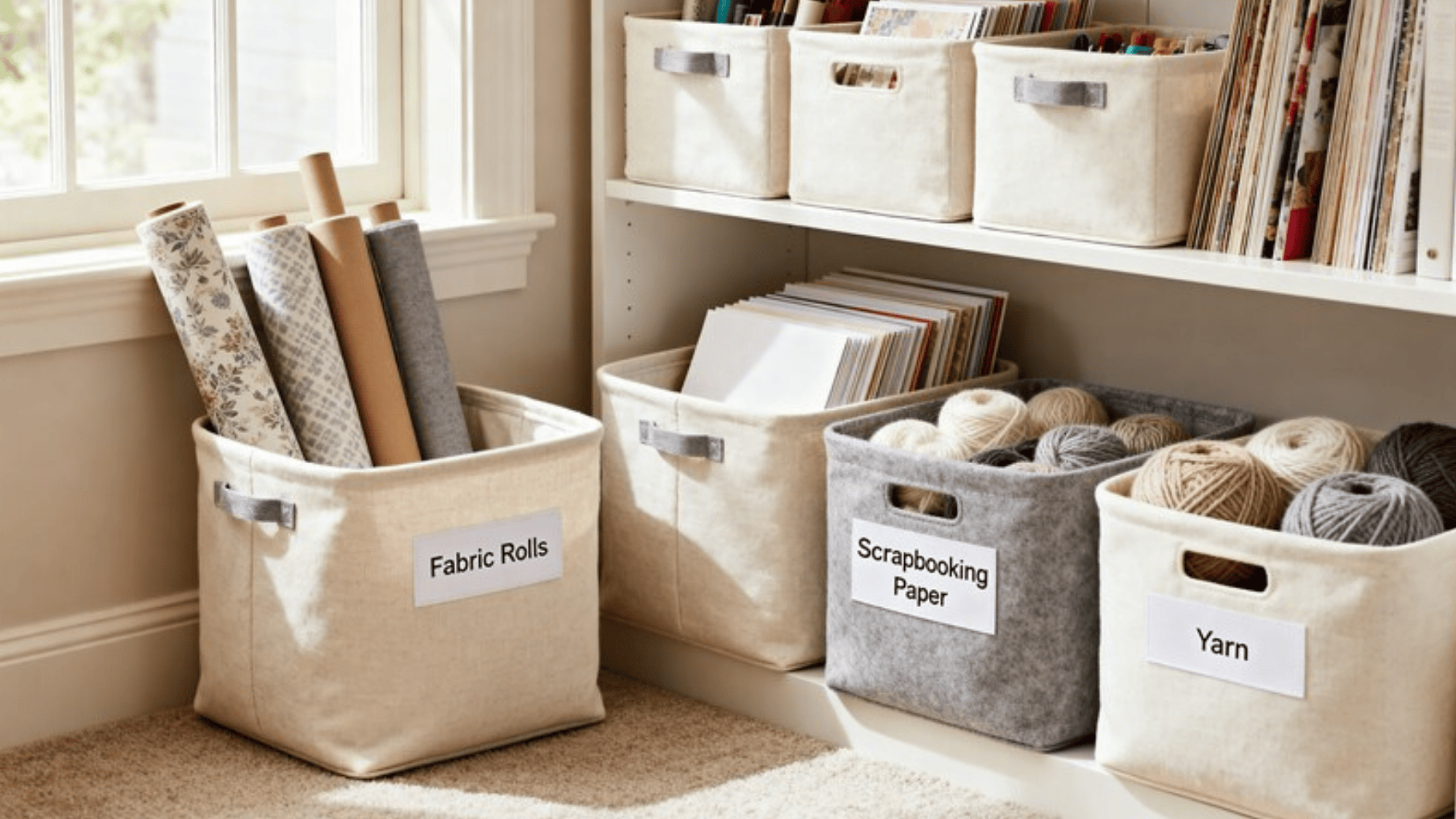 storage baskets neatly organized with labeled items including fabric rolls, scrapbooking paper, and yarn, on a shelf beside a window