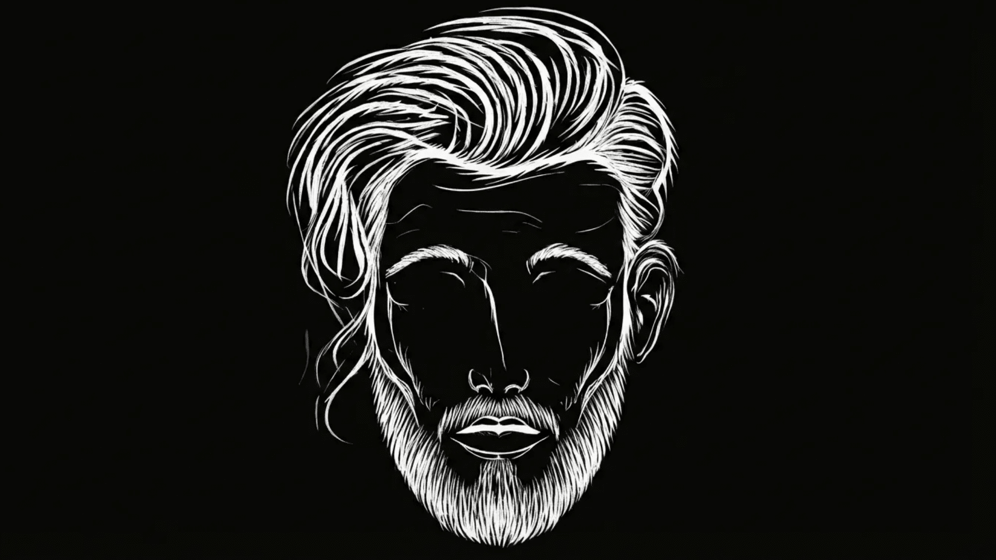 stylized black and white illustration of a man with a beard and styled hair