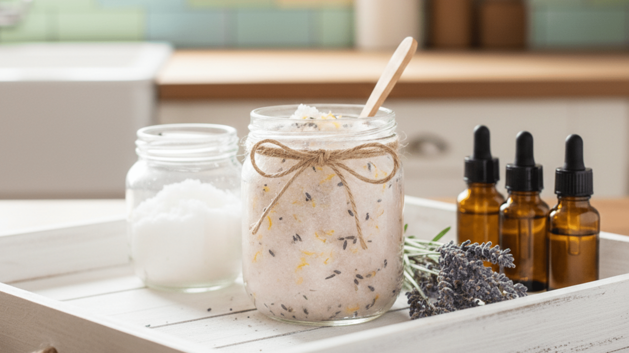 sugar scrub ingredients with lavender on a tray in a kitchen