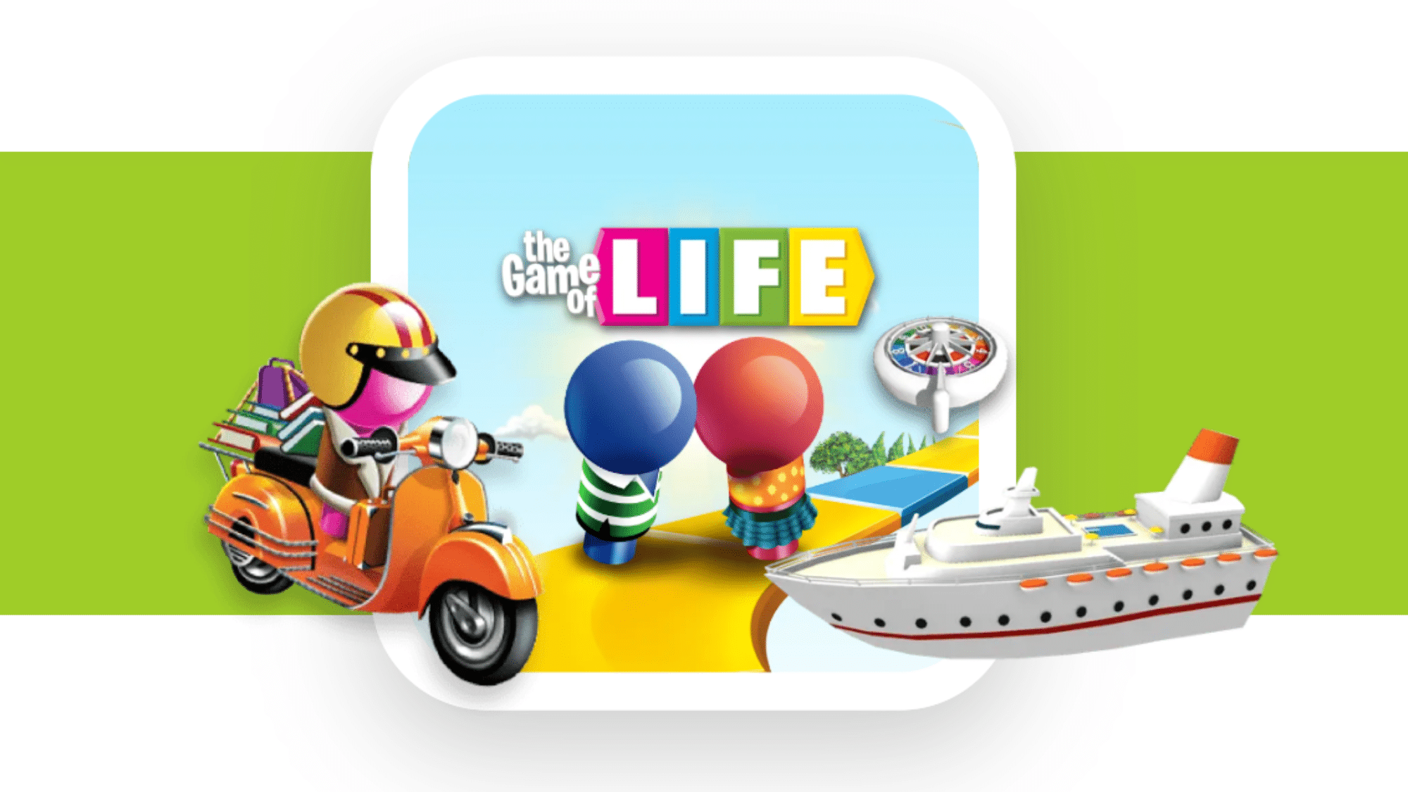 the game of life digital version with game pieces traveling on a bright, colorful board