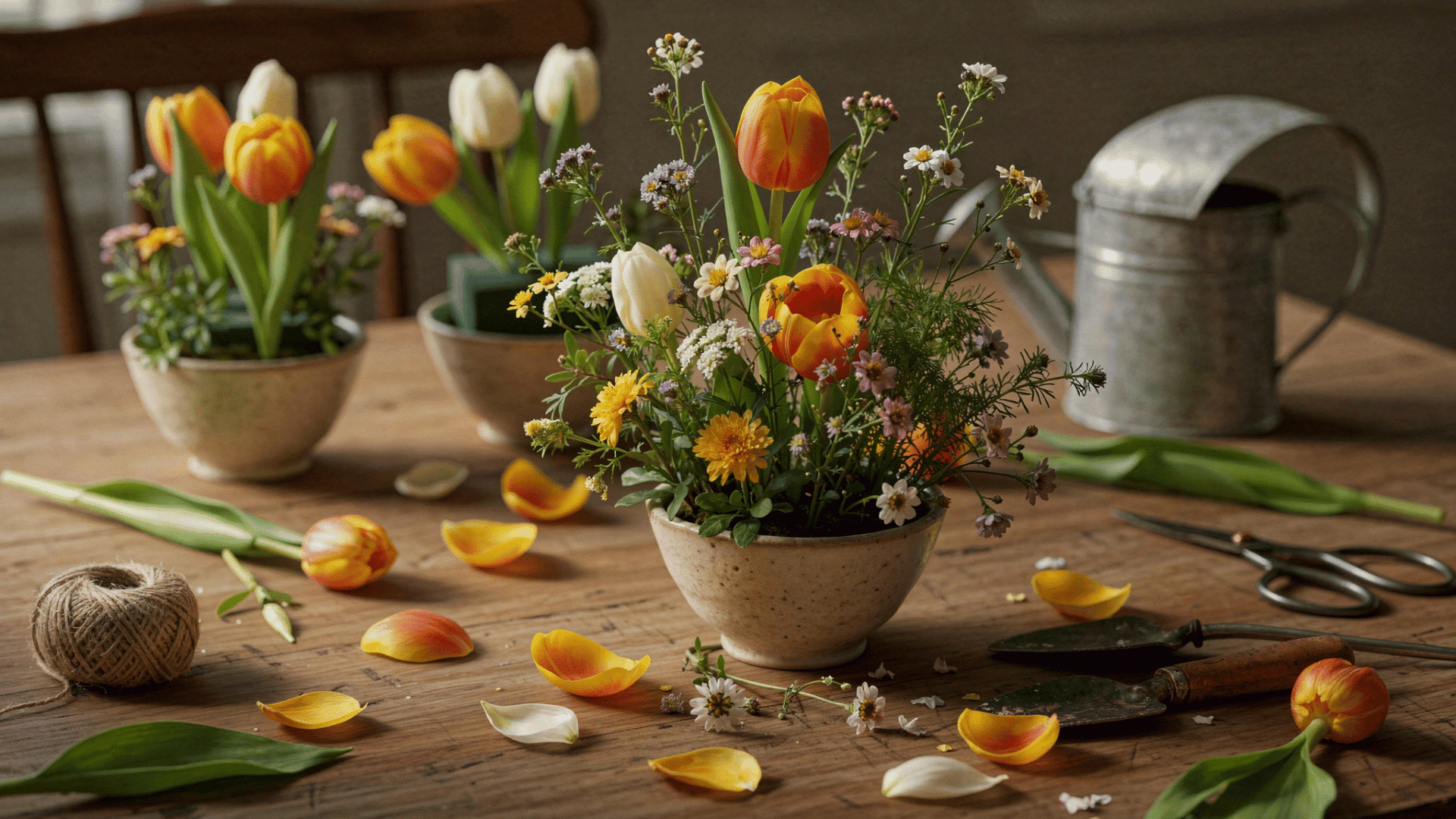 three ceramic bowls hold vibrant spring flower arrangements featuring orange and white tulips on a rustic wooden table.