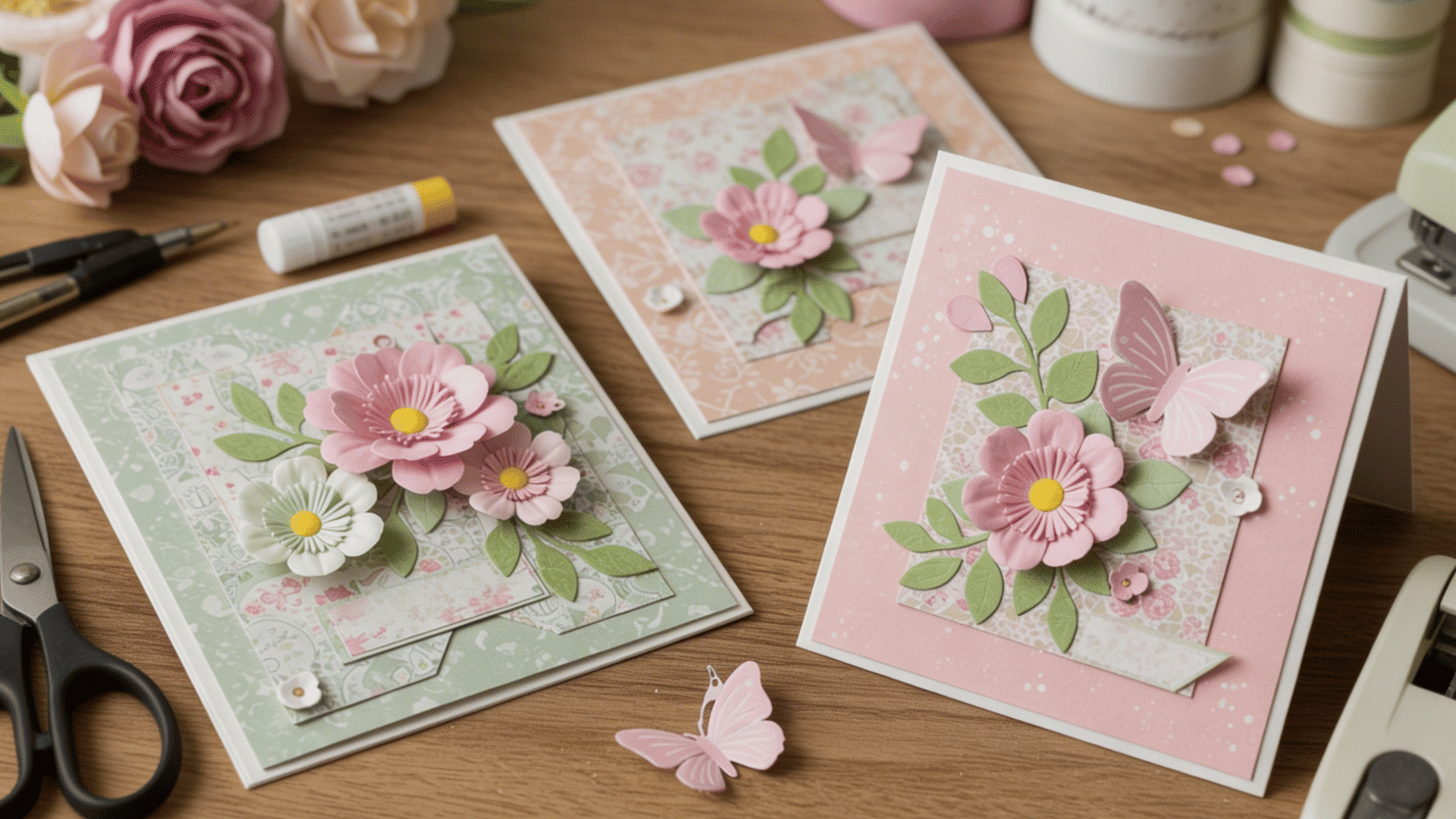 three handmade floral cards with 3D paper flowers and butterflies lie on a wooden desk alongside crafting scissors.