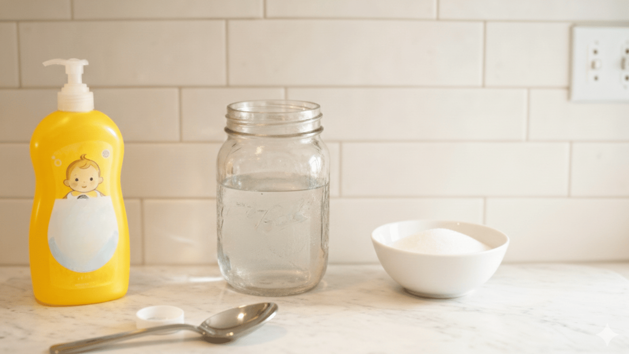 three ingredients placed on a kitchen slab including baby shampoo,sugar,water