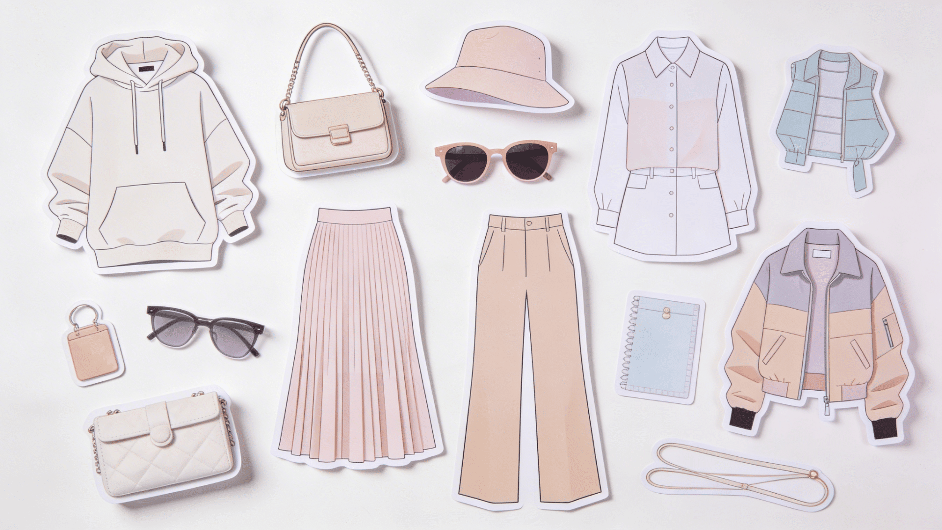 top-down flat lay of aesthetic fashion paper doll outfits in soft pastel and neutral tones, including hoodies, skirts, pants, jackets, bags, and accessories.
