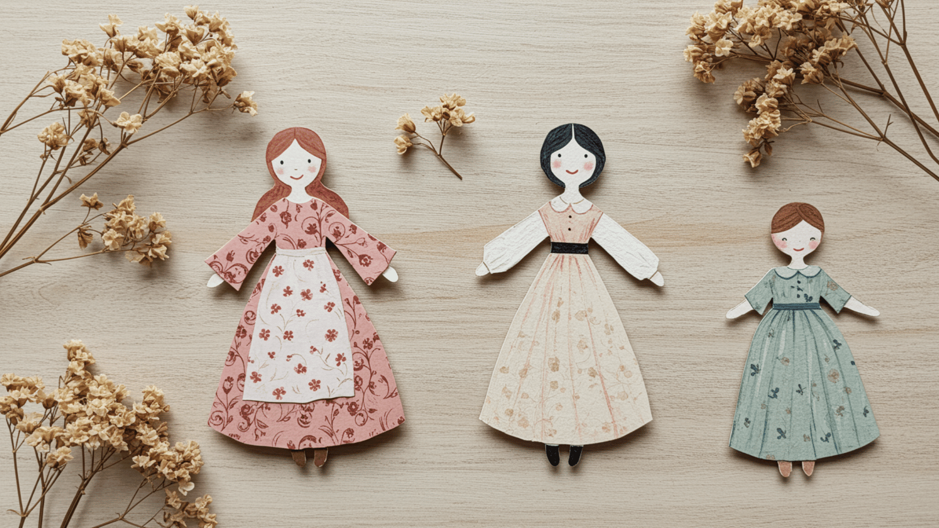 top-down photo of handmade cottagecore paper dolls in soft pastel floral dresses on a light wooden background with dried flowers.