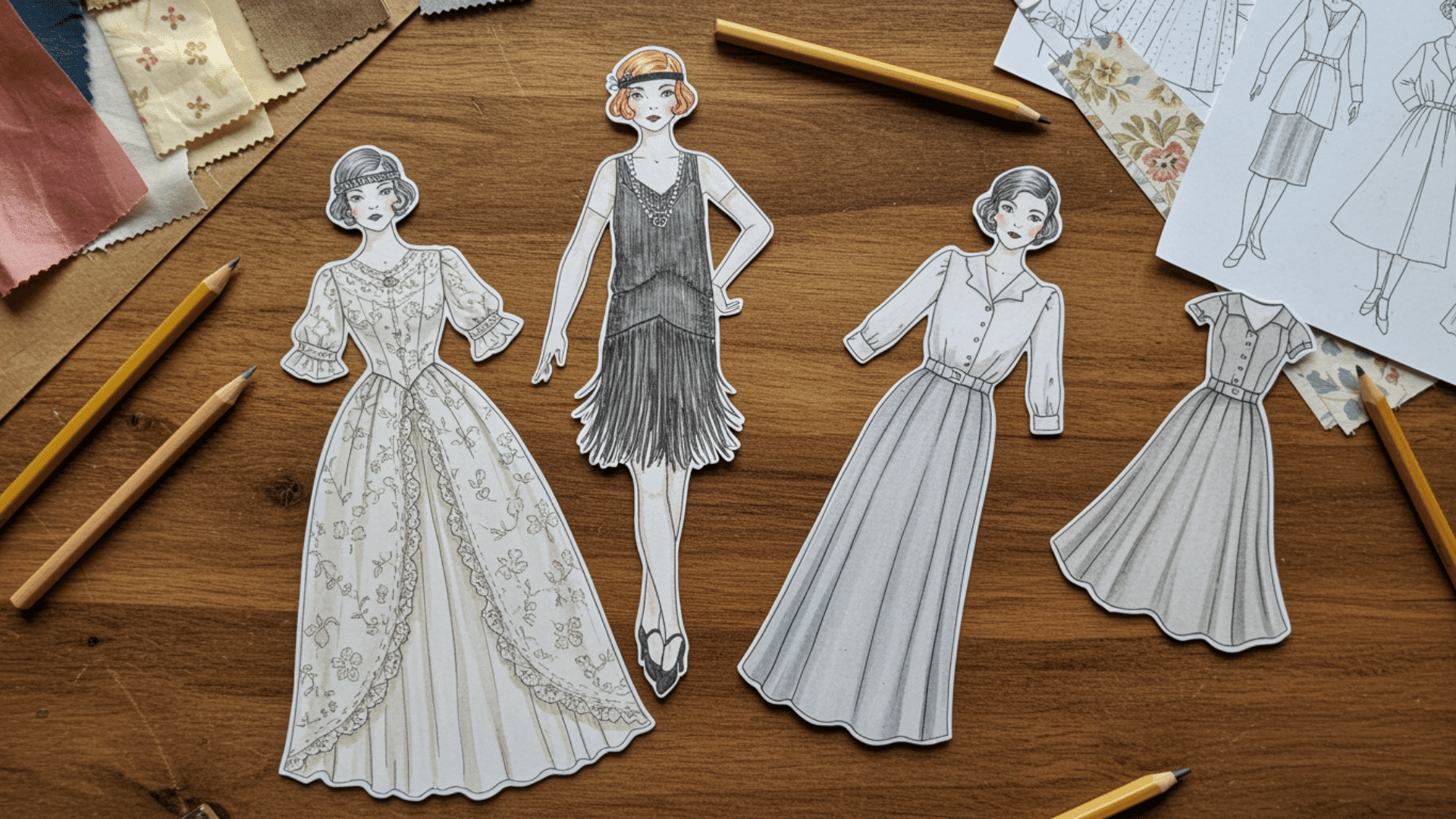top-down photo of historical paper dolls in Victorian, 1920s, and 1950s outfits on a wooden table with pencils and sketches.