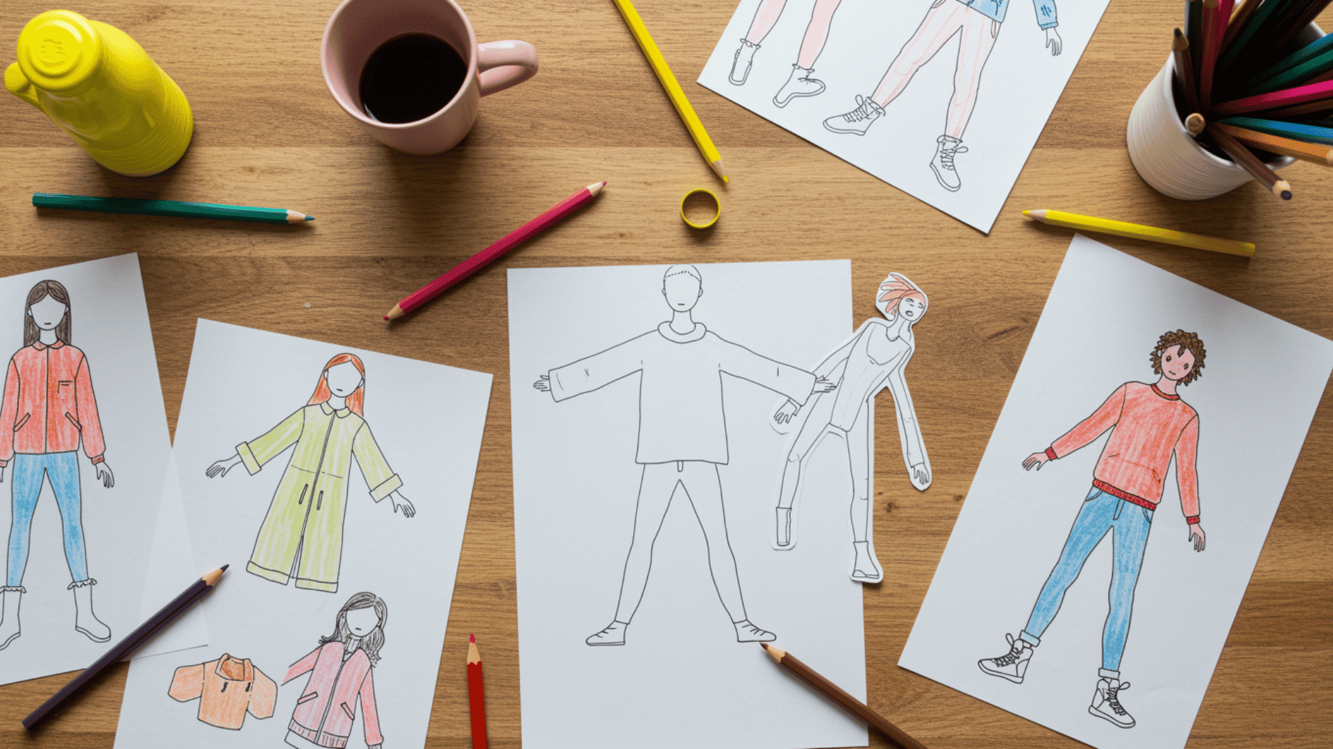 top-down view of a teen’s desk with hand-drawn fashion paper dolls, colored outfit sketches, pencils, and design supplies spread across a wooden table.
