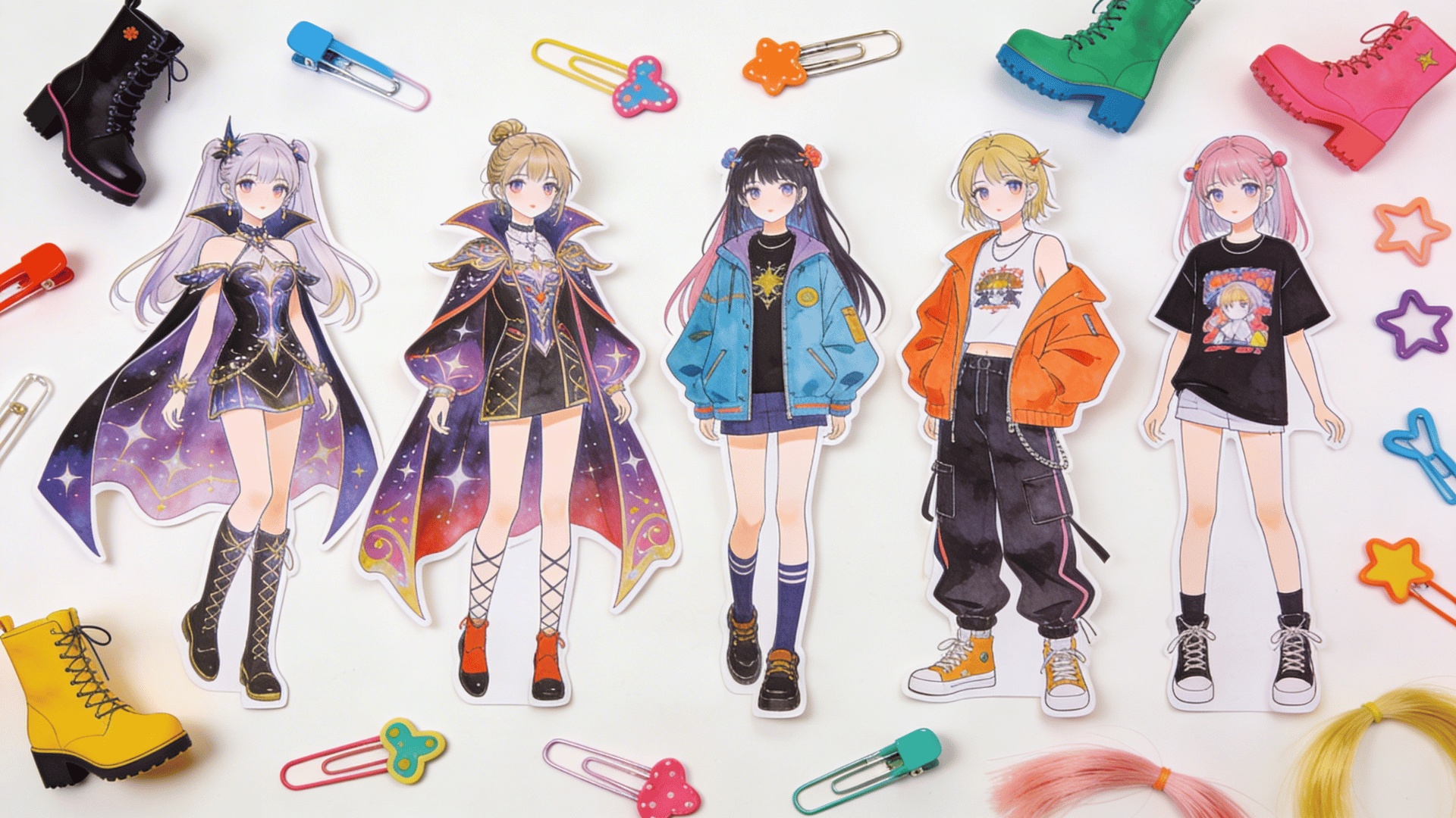 top-down view of anime-inspired paper dolls with large expressive eyes and detailed outfits, surrounded by colorful accessories and cut-out boots.