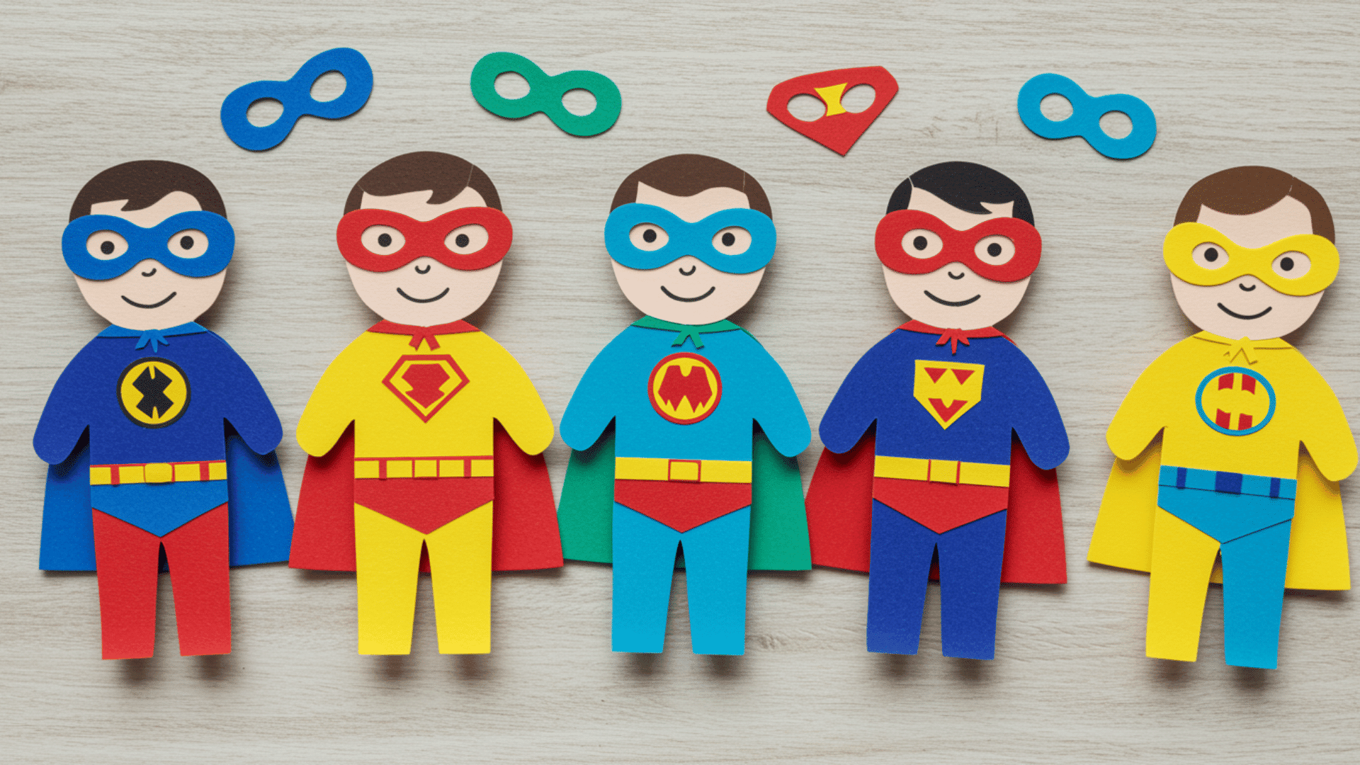 top-down view of colorful superhero paper dolls wearing capes, masks, and bold costume symbols arranged on a wooden background.