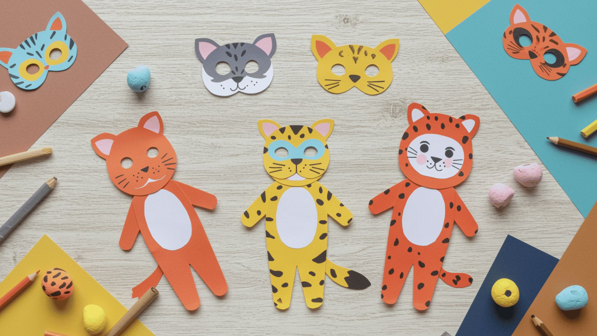 top-down view of handmade animal-themed paper dolls dressed as cats and big cats, with matching masks and craft supplies on a wooden background.