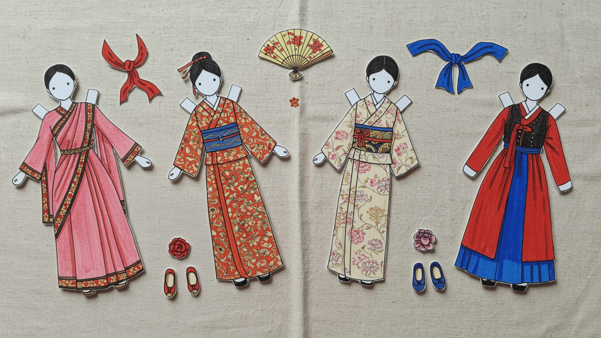top-down view of handmade paper dolls dressed in traditional outfits, including a saree, kimono, and hanbok, arranged on a neutral fabric background with matching accessories.