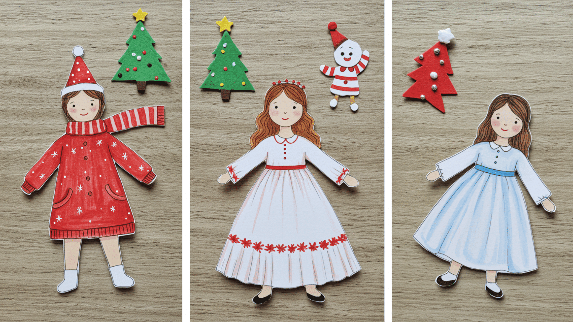 top-down view of seasonal paper dolls dressed for Christmas with festive outfits, scarves, dresses, and holiday tree decorations on a wooden background.