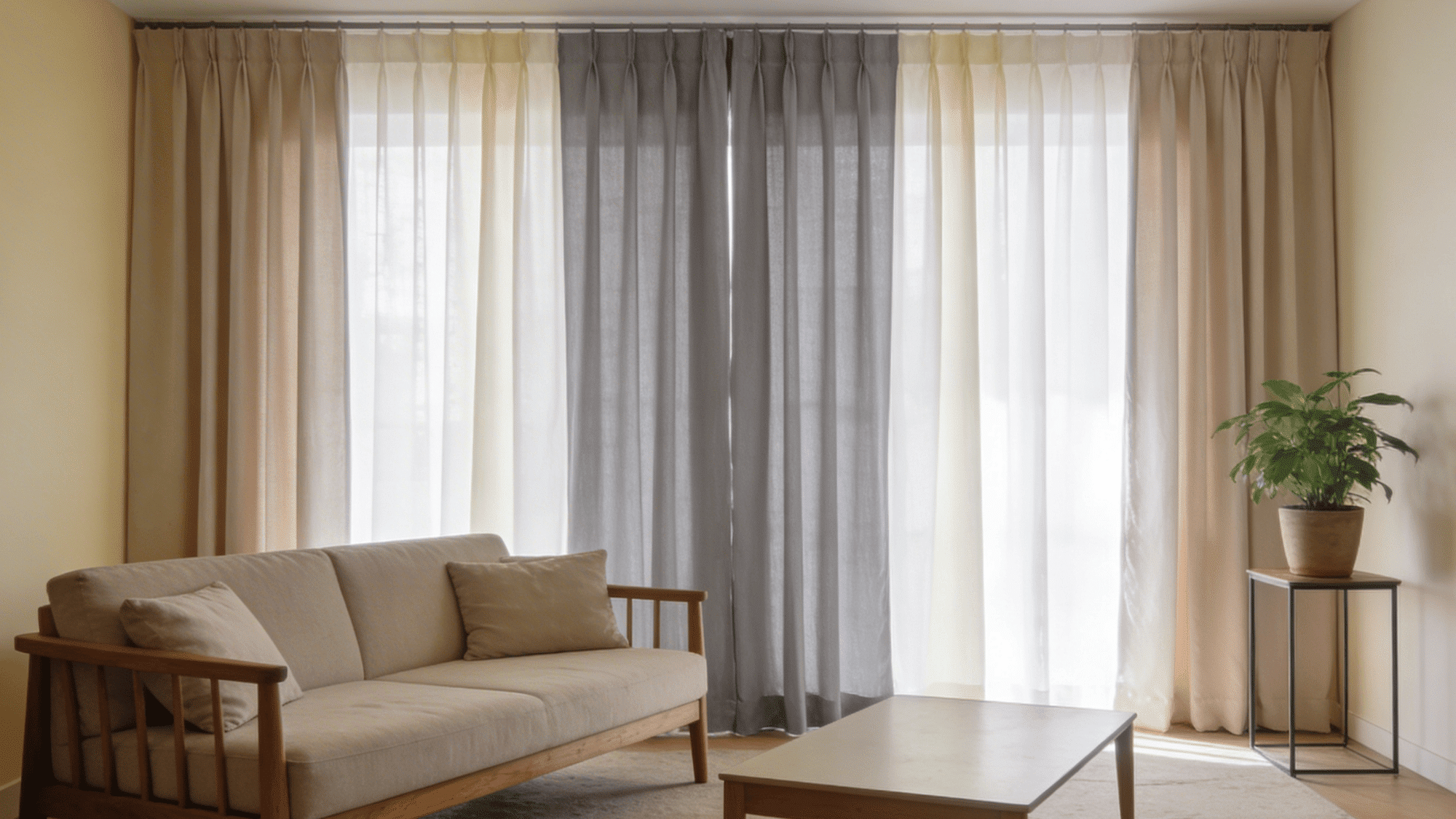 transculent curtains creating a soft, warm glow in room, making the space feel airy without being too bright