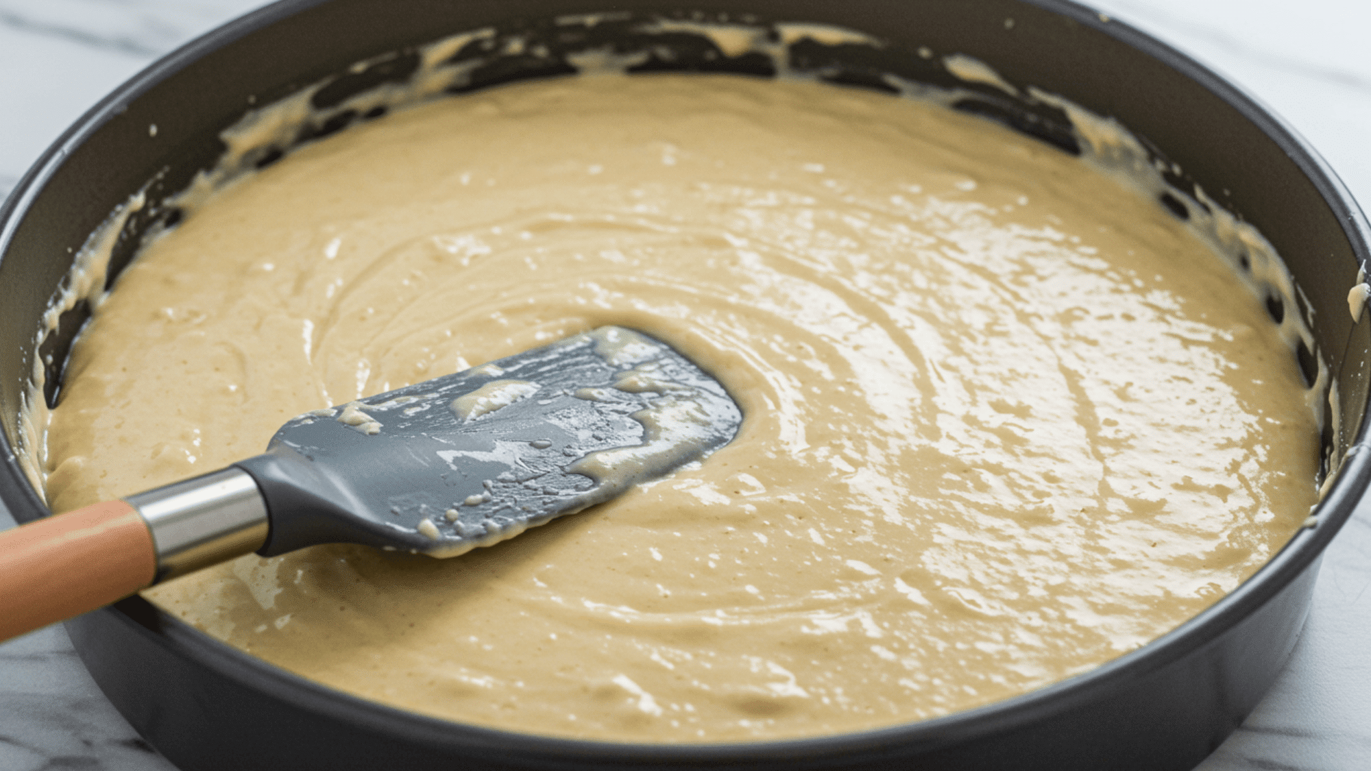transfer the cake batter into the greased pan using a rubber spatula, scraping bowl sides for even transfer