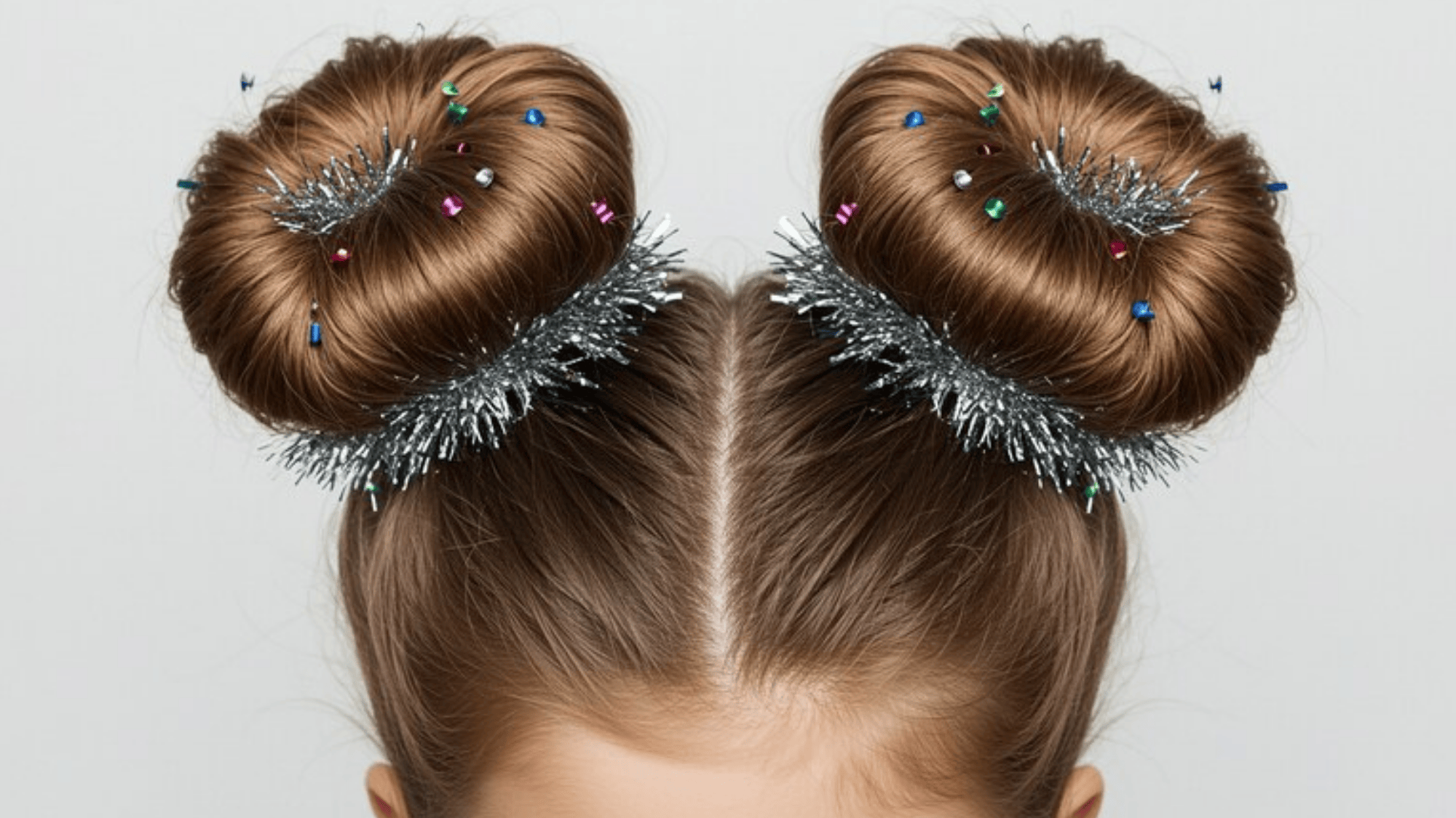 two stylish hair buns decorated with silver tinsel and colorful hairpins, creating a festive and fun hairstyle