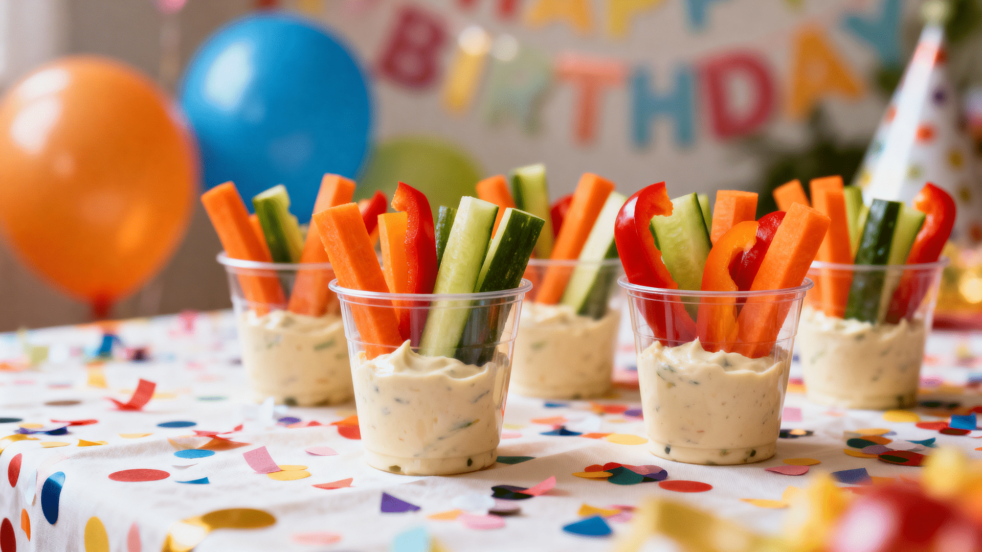 veggie & dip cups filled with carrot and cucumber sticks standing in creamy ranch dip