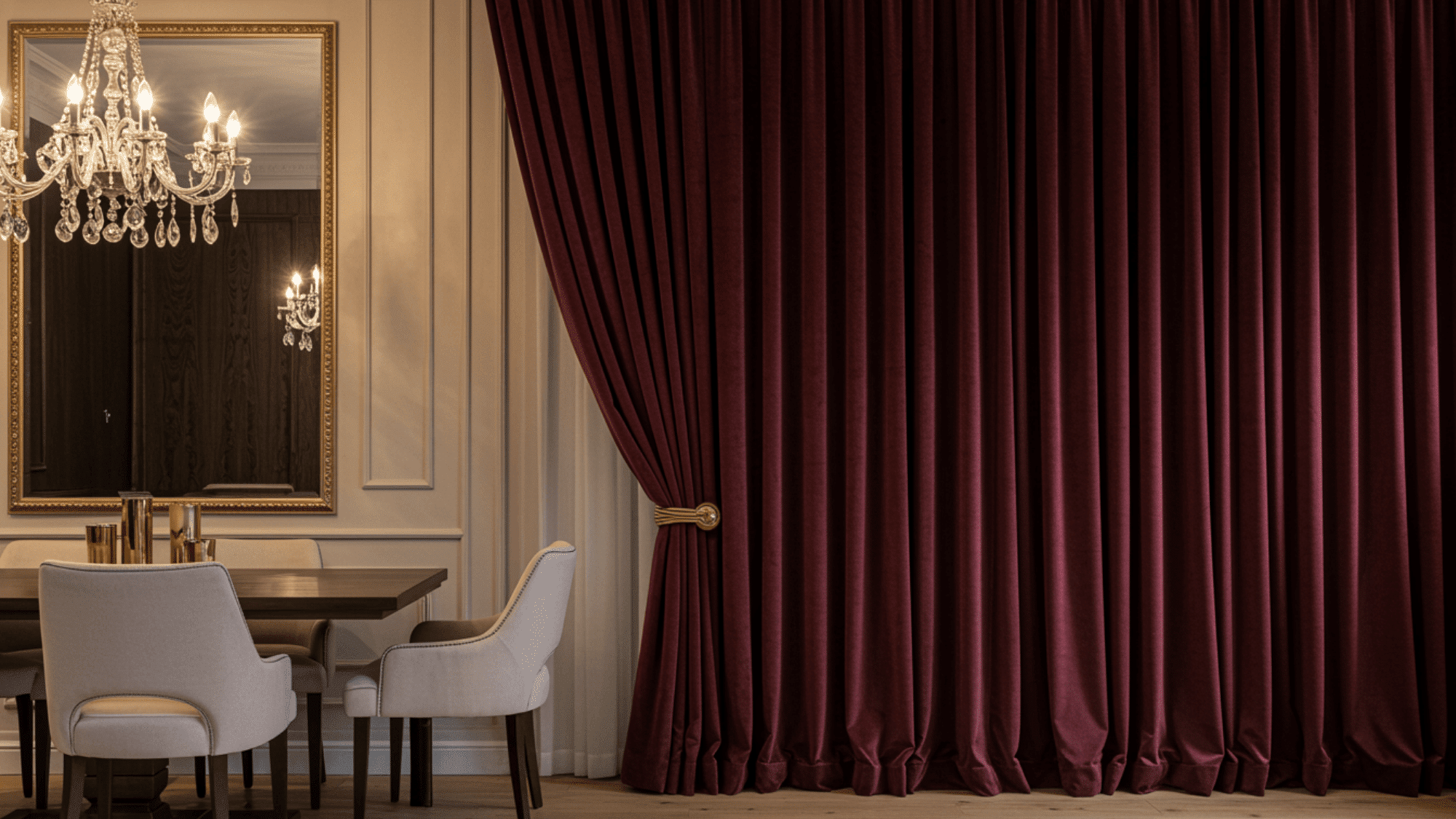 velvet curtains adding a touch of luxury with their soft, plush in a luxury dining room texture