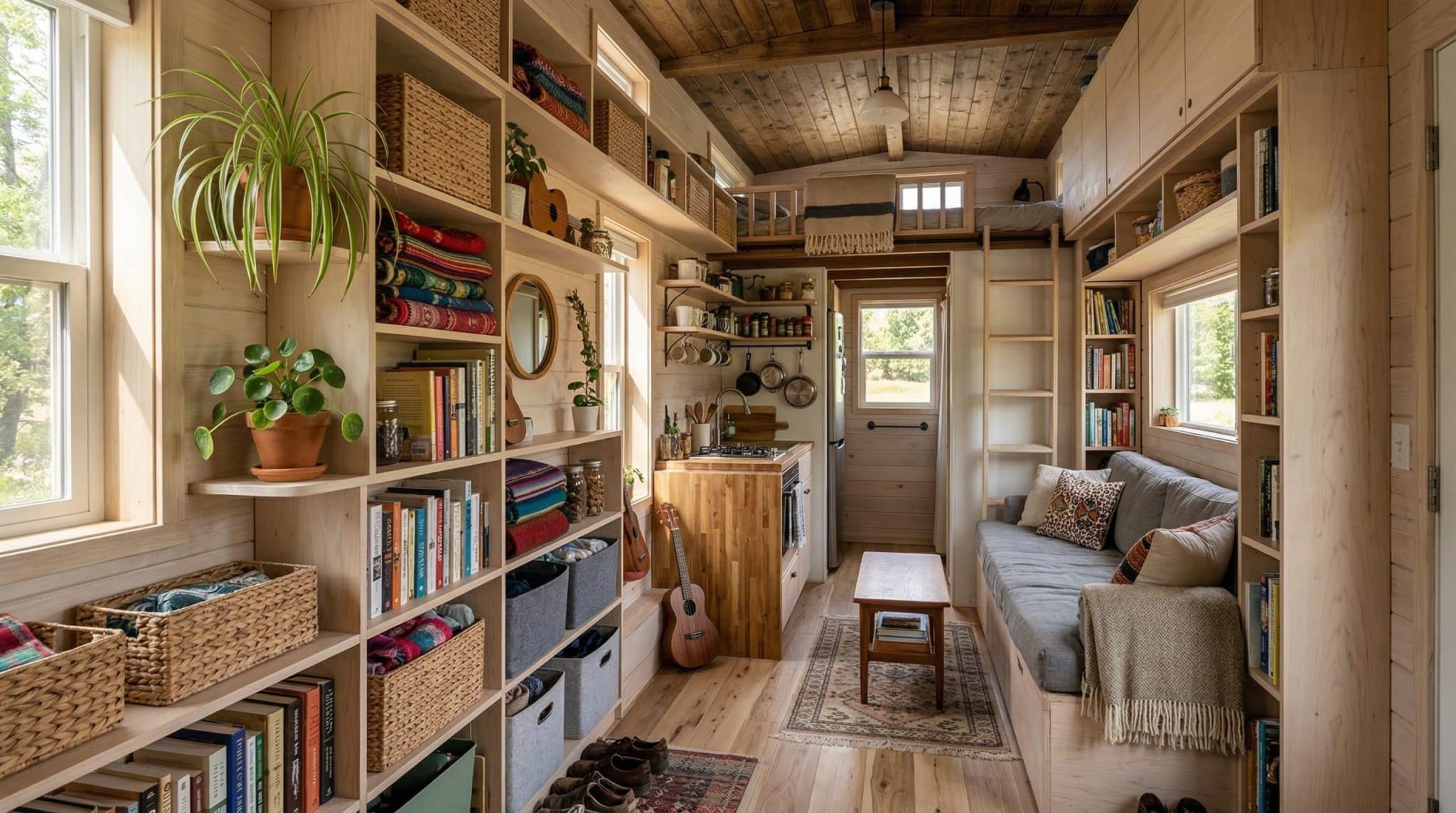 vertical stoarge in a mobile living room