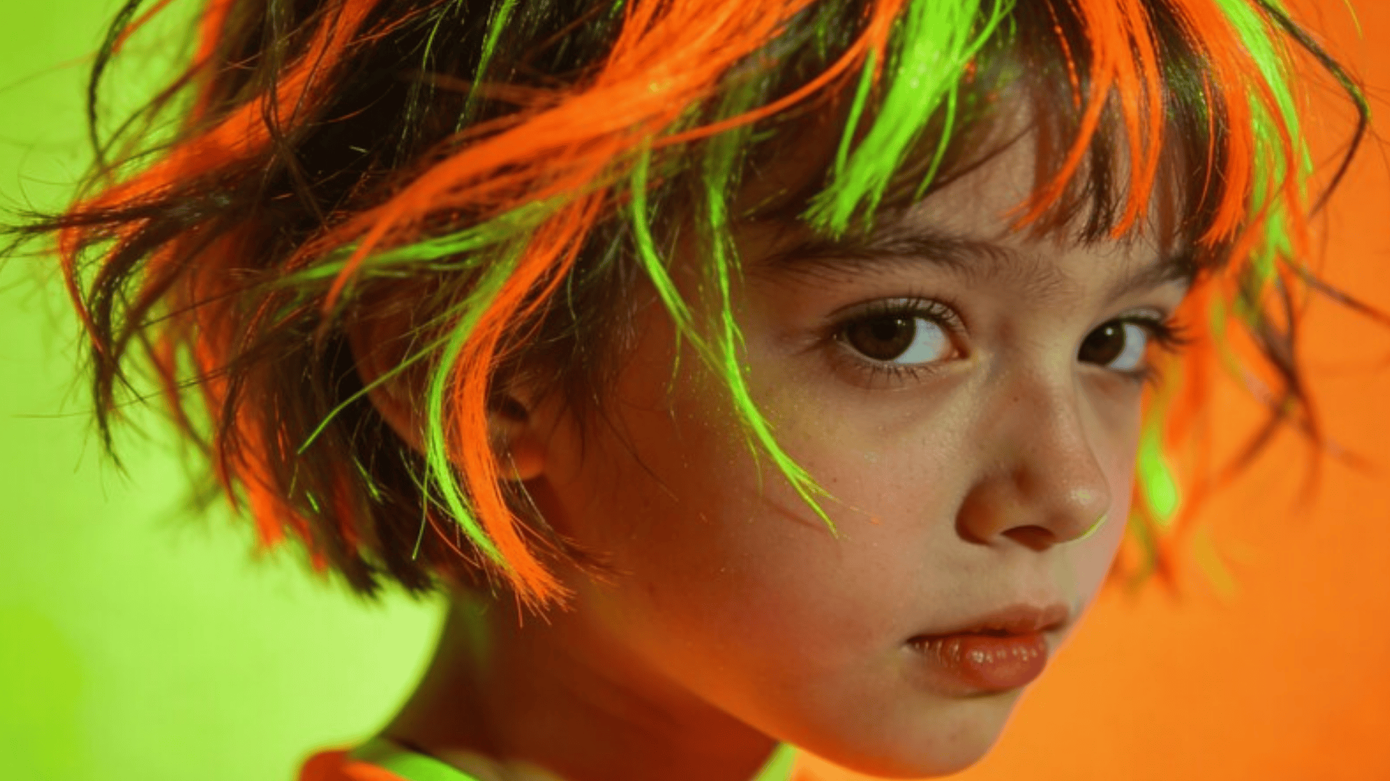 vibrant neon orange and green hair, looking directly at the camera against a bold, colorful background