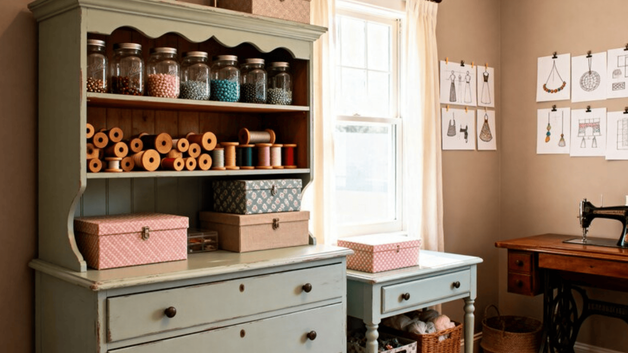 vintage blue dresser filled with jars of beads and spools of thread, alongside neatly stacked boxes and a desk with a sewing machine, in a craft room with design sketches on the wall