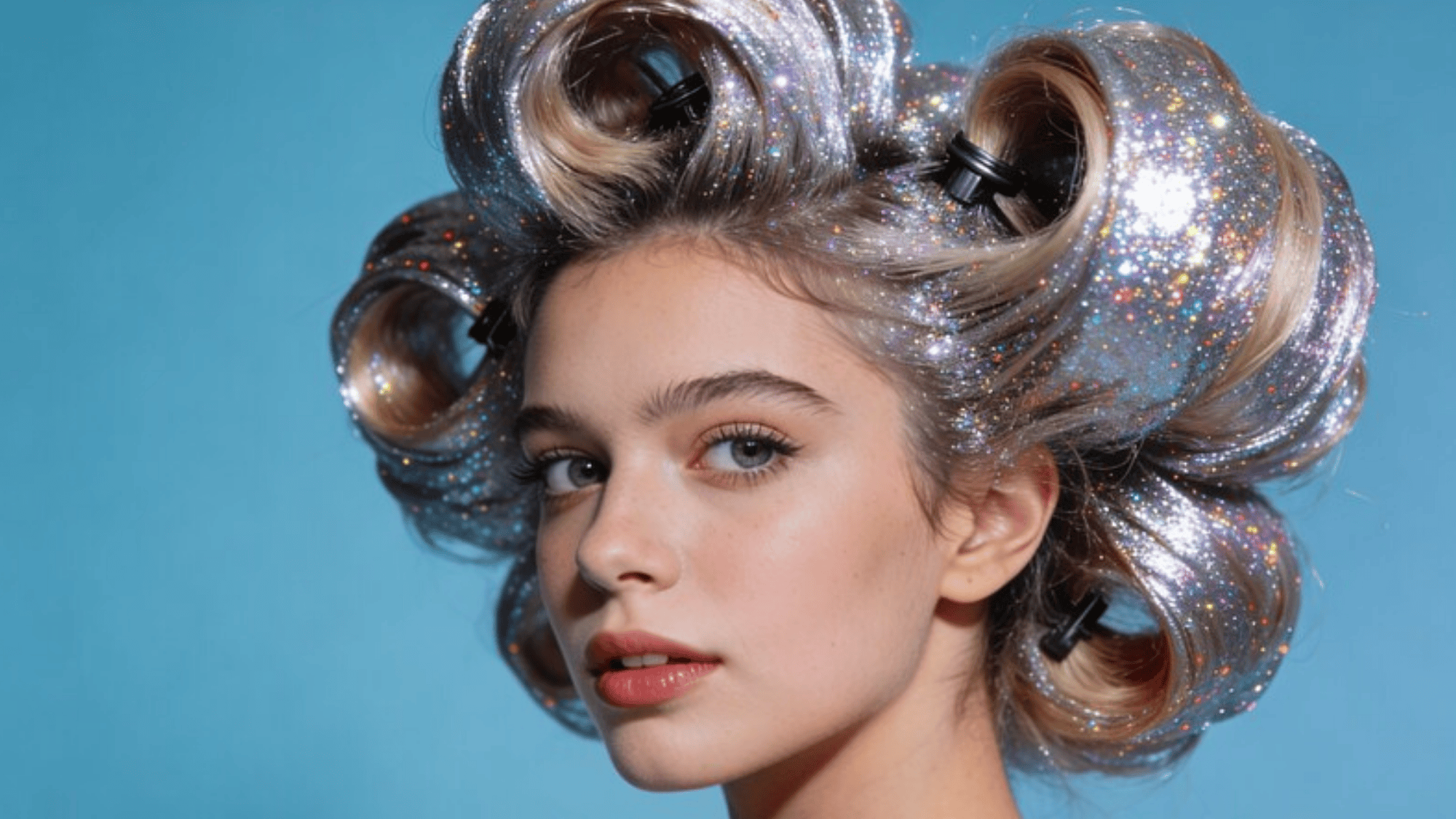 vintage-inspired hairstyle with glittery rollers, creating a shiny, voluminous look, set against a bright blue background