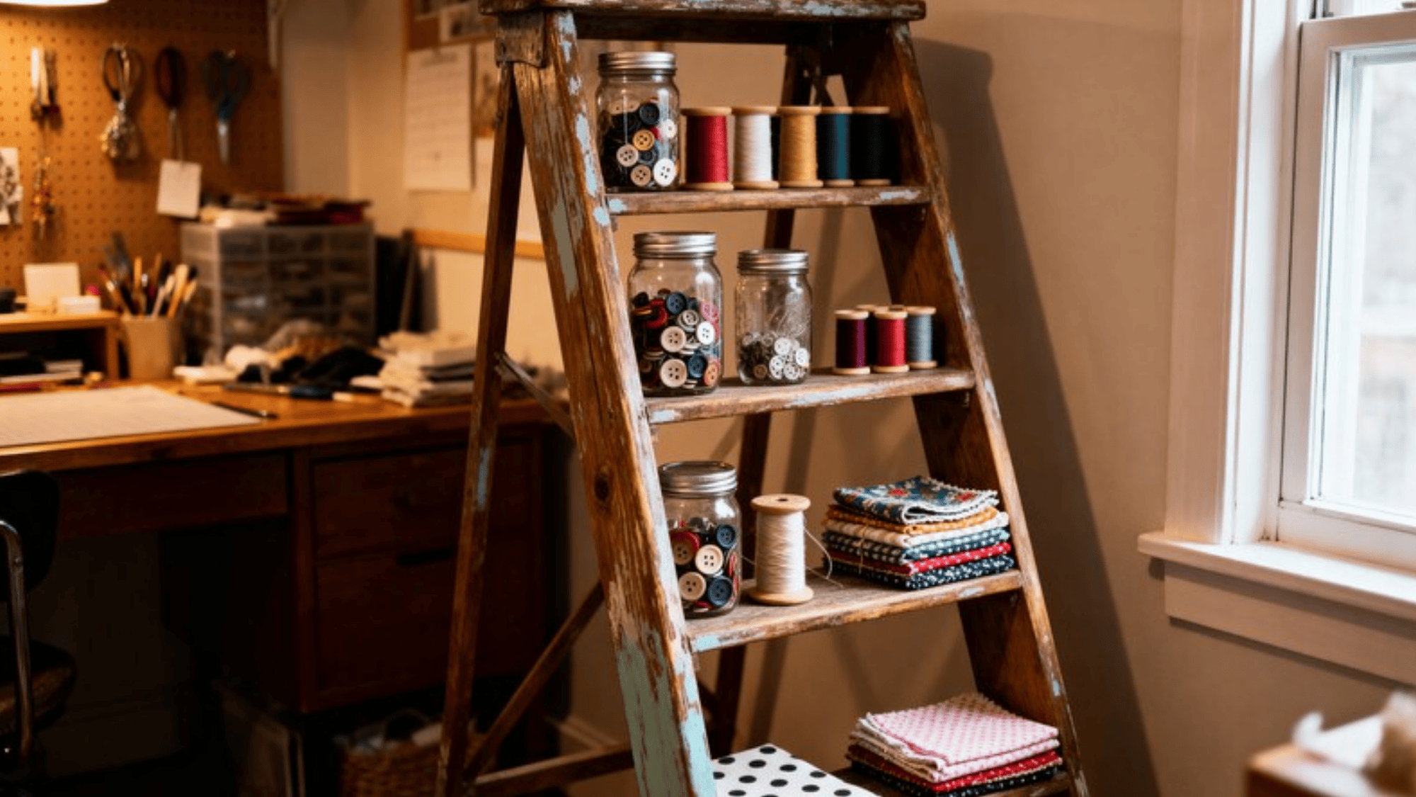 vintage wooden ladder repurposed as a shelf, neatly organizing jars of buttons, spools of thread, and colorful fabric stacks, with a crafting desk in the background