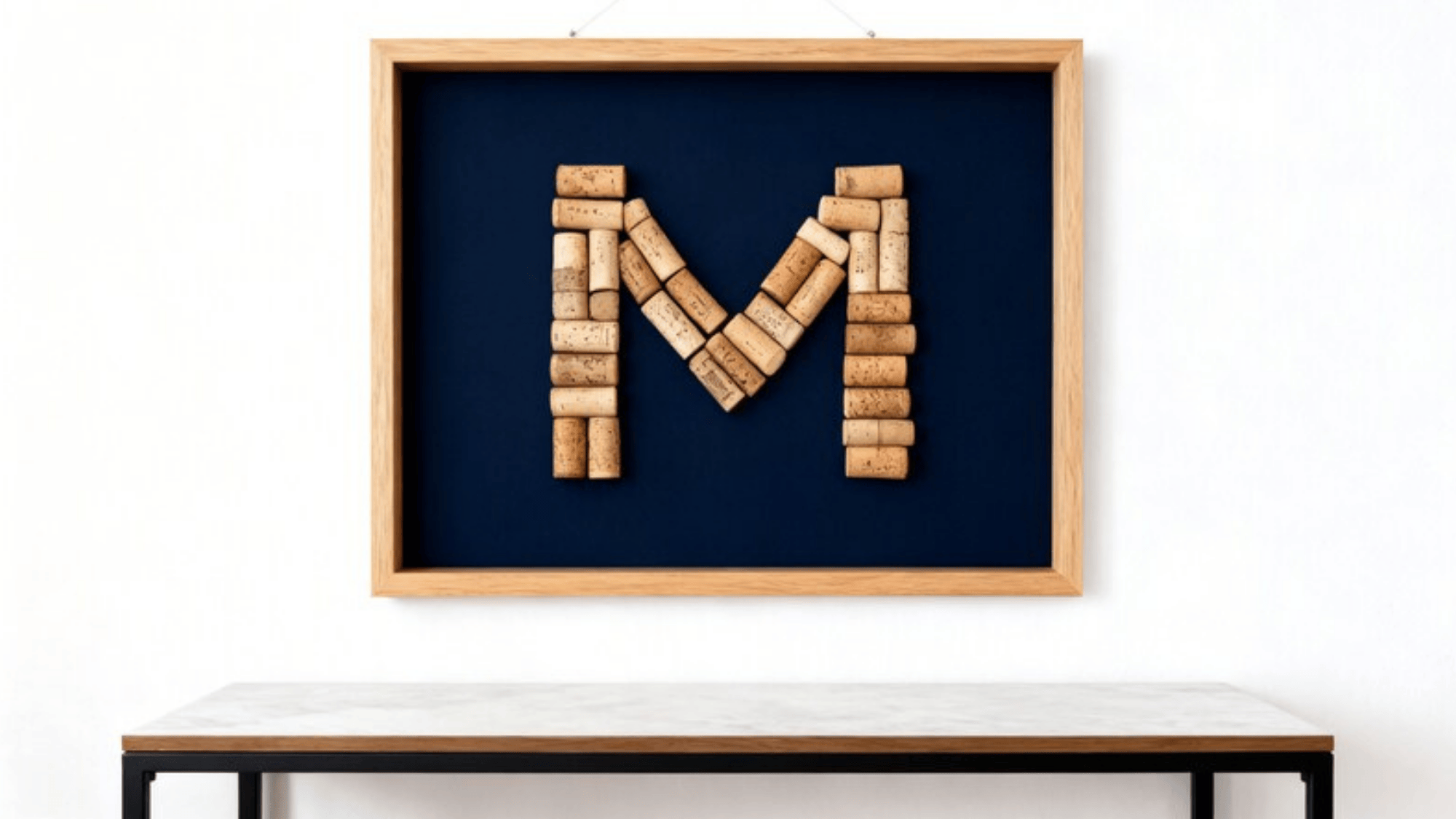 _wall art with letter M made from wine corks in a natural wood shadow box, hung on a white wall above a console table
