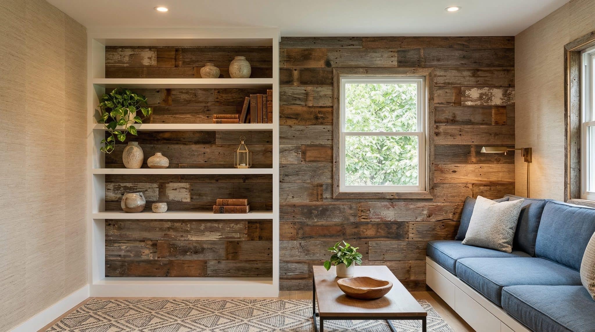 wall treatment with texture wallpaper in a mobile living room