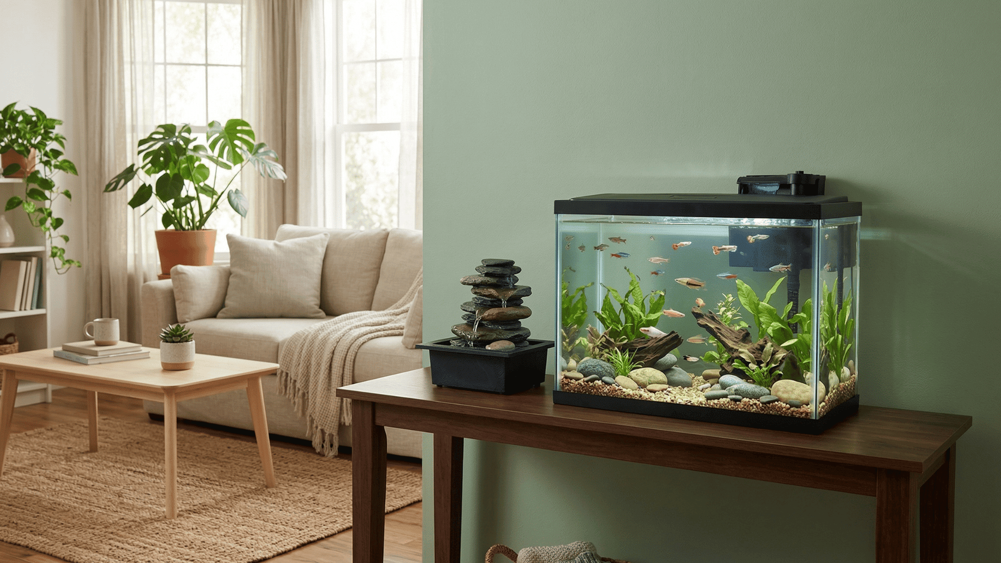 water feature in living room to promote calm and abundance energy