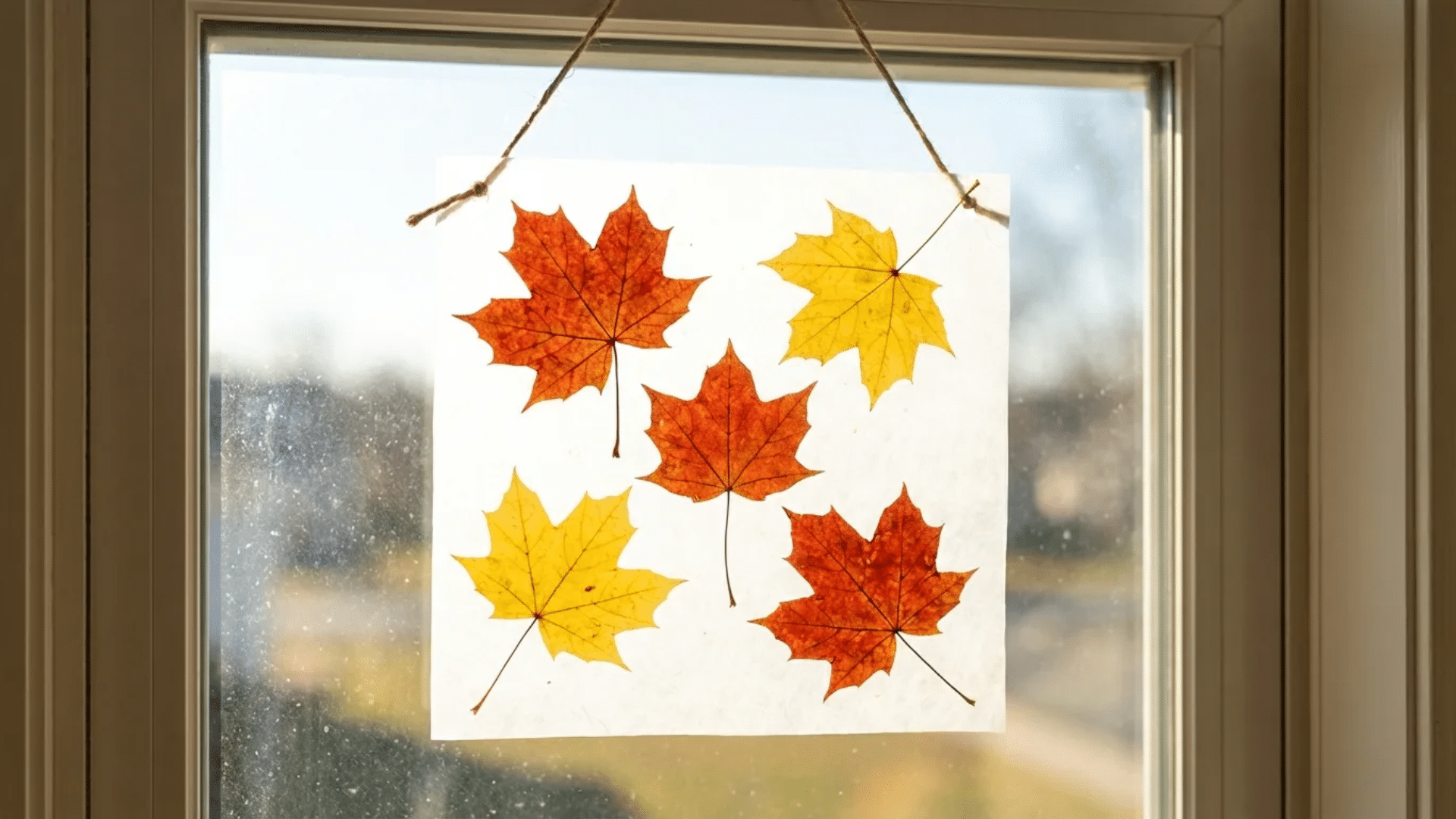 wax paper leaf pressing,colorful autumn leaves sealed between wax paper sheets glowing in a sunny window