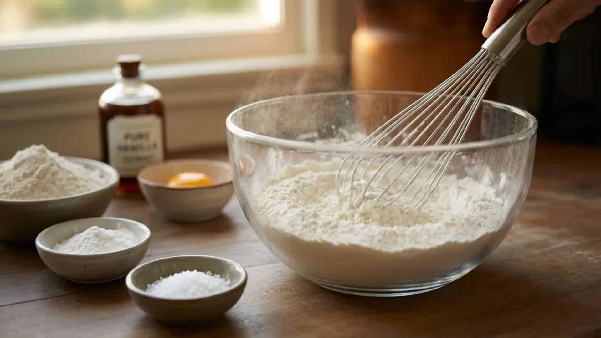 whisk mixing flour, baking powder, and salt in a glass bowl to combine dry ingredients for cookie dough, with vanilla extract, egg, and flour on a wooden kitchen counter