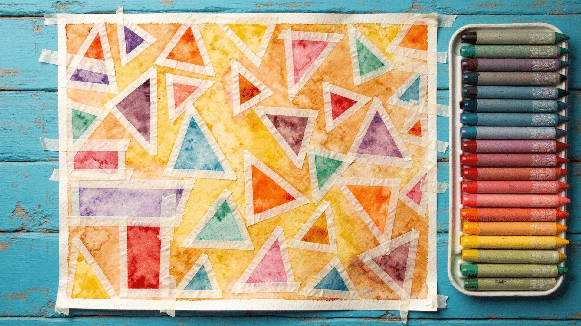 white geometric lines revealed on a colorful watercolor background after painter's tape is peeled off