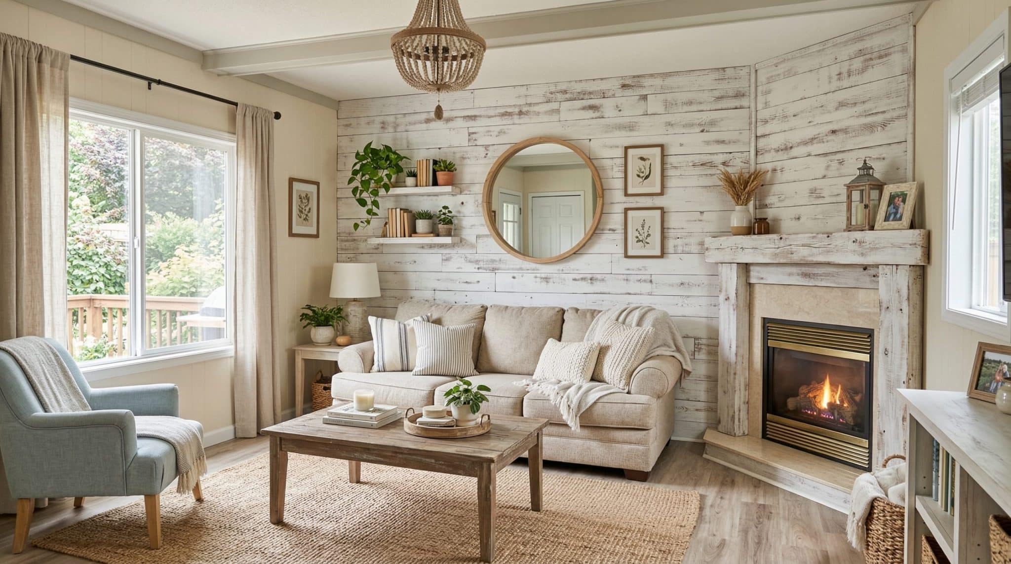 whitewashed wood accents in a mobile living room