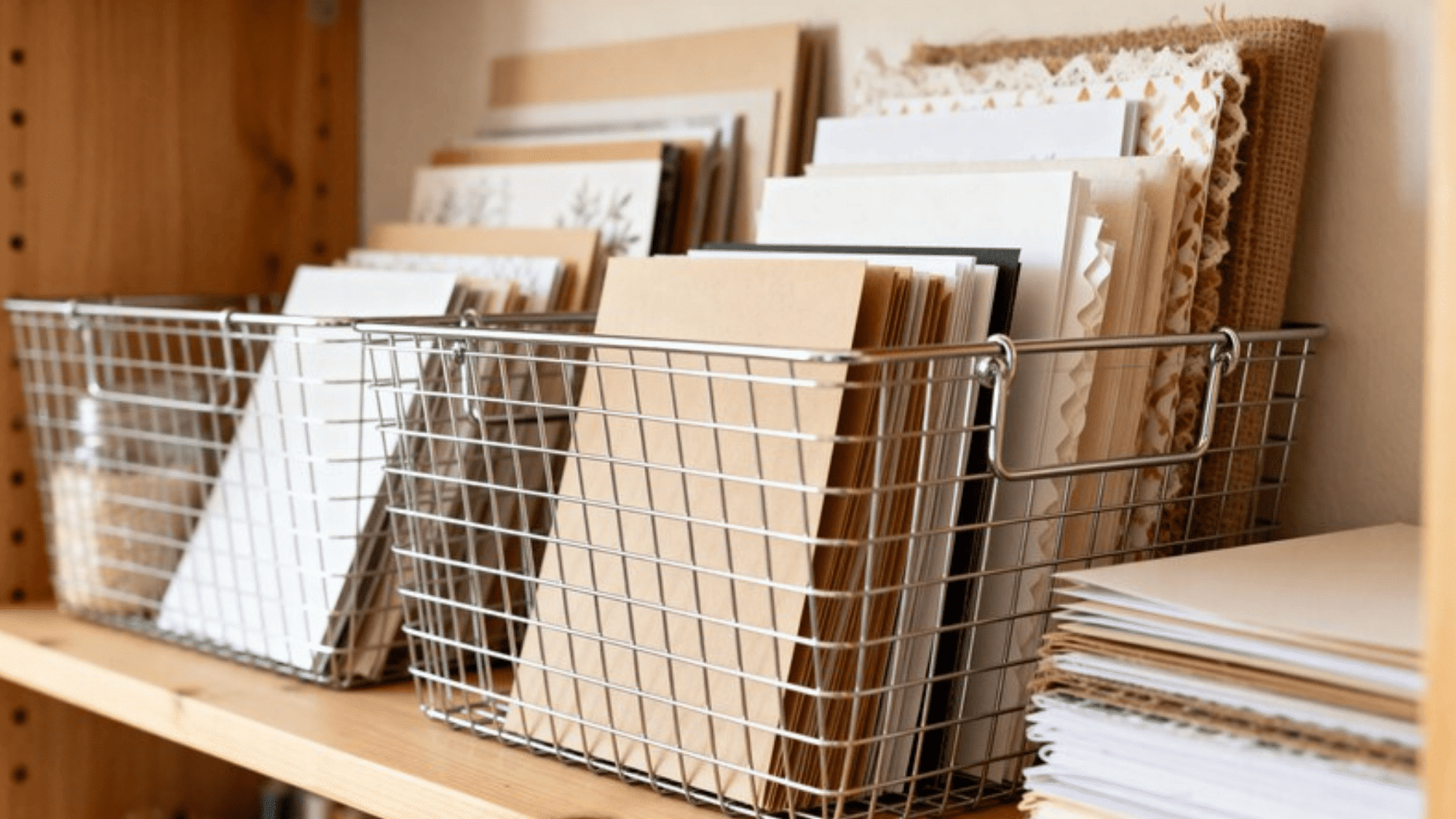 wire baskets on a wooden shelf filled with neatly organized paper and envelopes in neutral tones, including kraft and white sheets