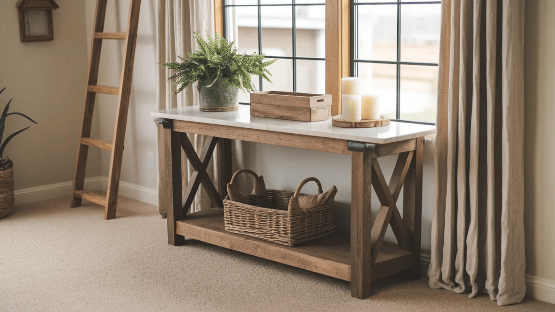 wooden console table with decorative plants, candles, and a woven basket, paired with a rustic ladder and natural light