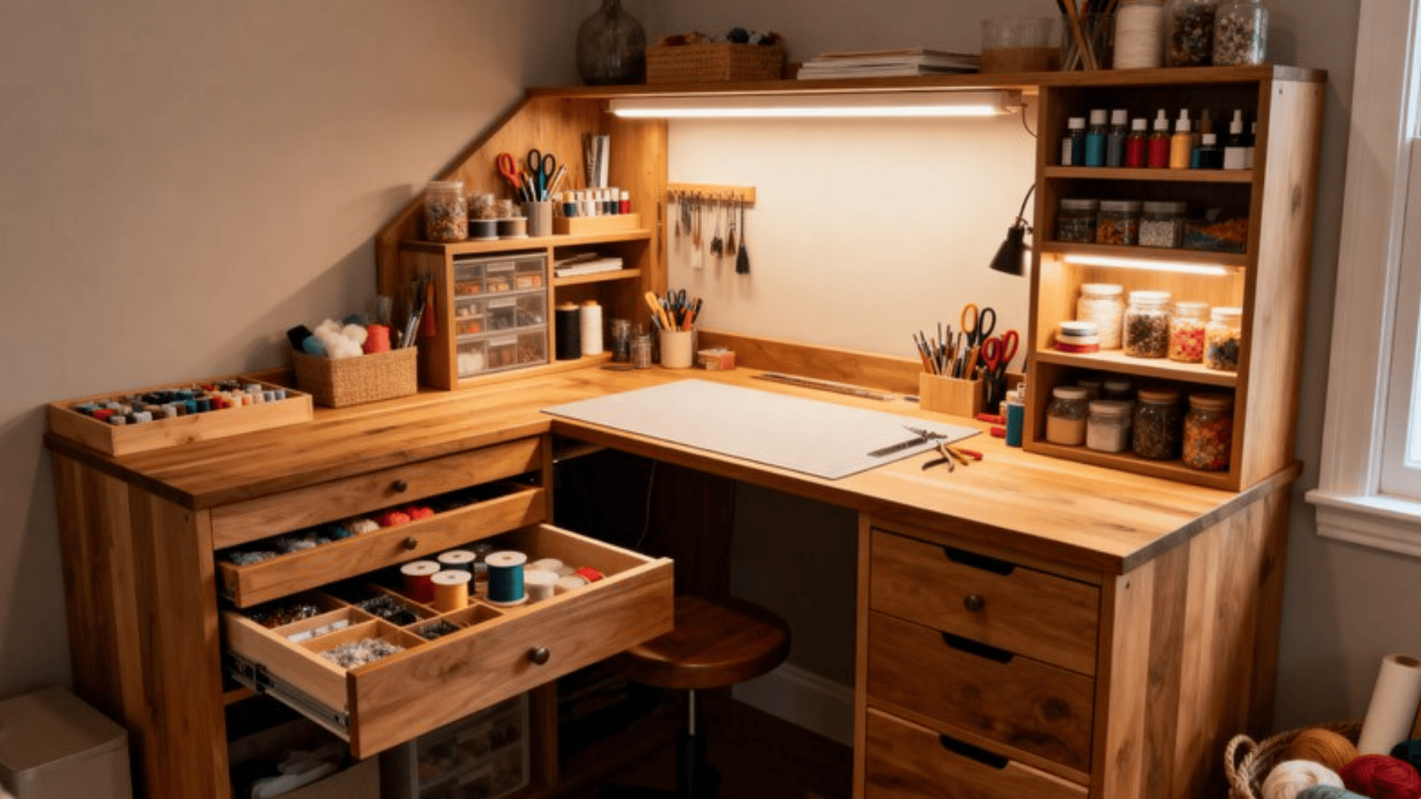 wooden craft desk neatly organized with sewing threads, scissors, beads, and containers, illuminated by a task lamp and surrounded by shelves of supplies