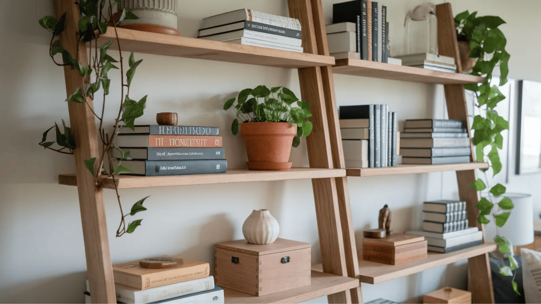 wooden ladder shelf with neatly arranged books, potted plants, and decorative items, creating a stylish, minimalist display