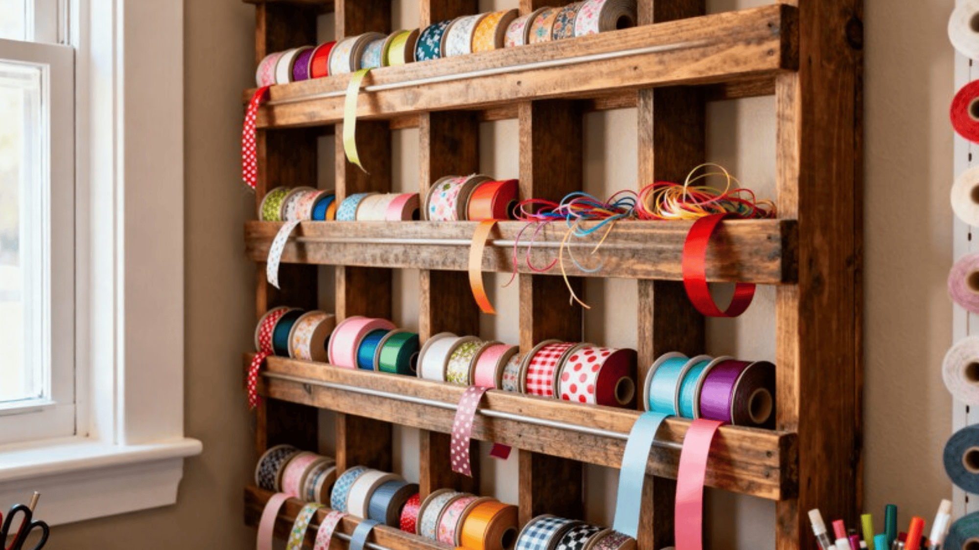 wooden wall rack displaying a colorful assortment of ribbon rolls in various patterns and colors, with some loose ribbons and markers in the foreground