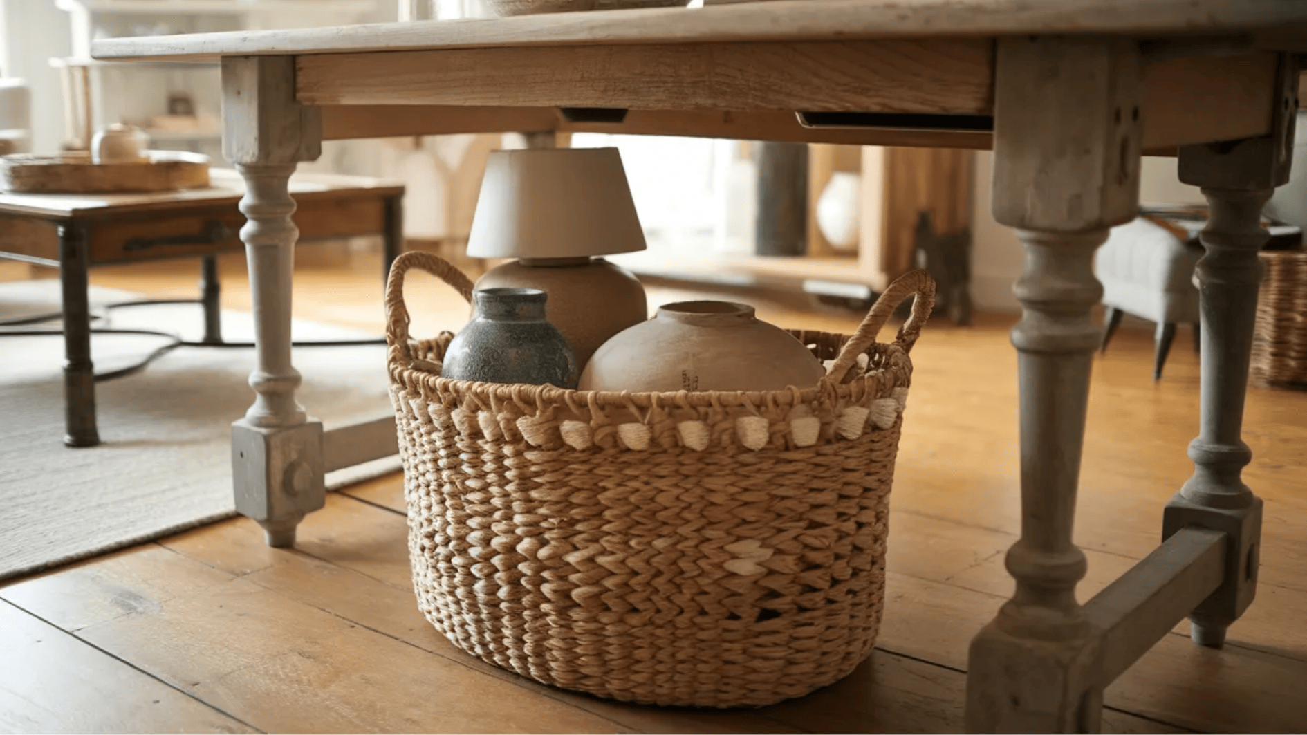 woven basket under a wooden table, holding decorative vases, adding a rustic and organized touch to the living space