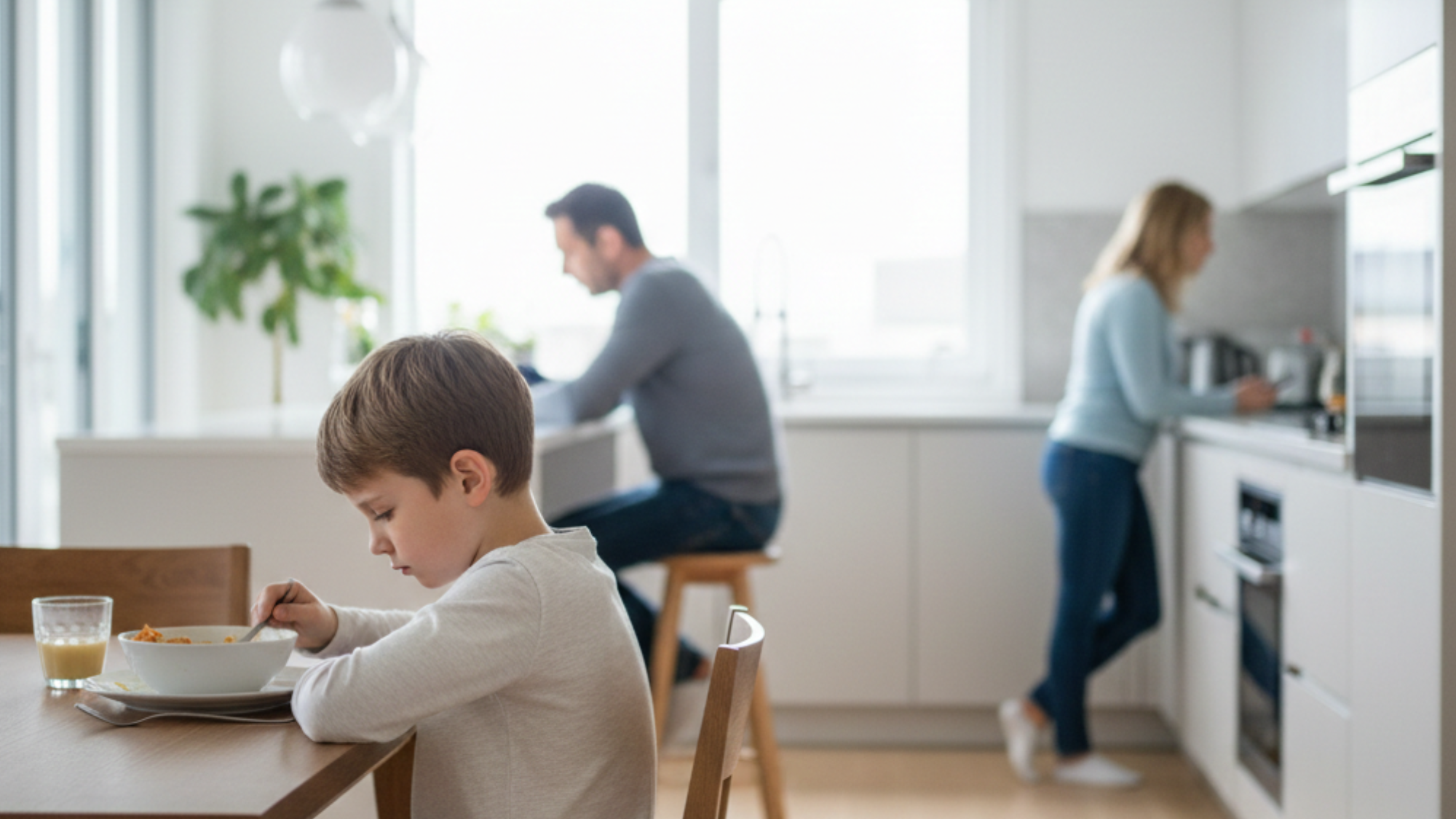 young boy eating alone at the kitchen table while his parents are in the background, each absorbed in their own tasks
